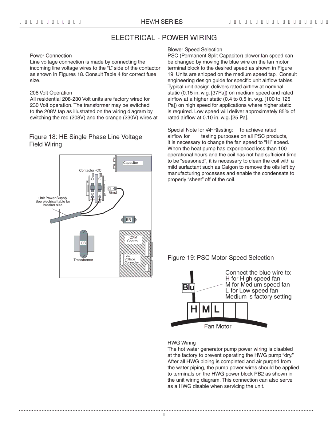 Heat Controller HEV/H manual Electrical Power Wiring, Power Connection, Volt Operation, Blower Speed Selection, HWG Wiring 