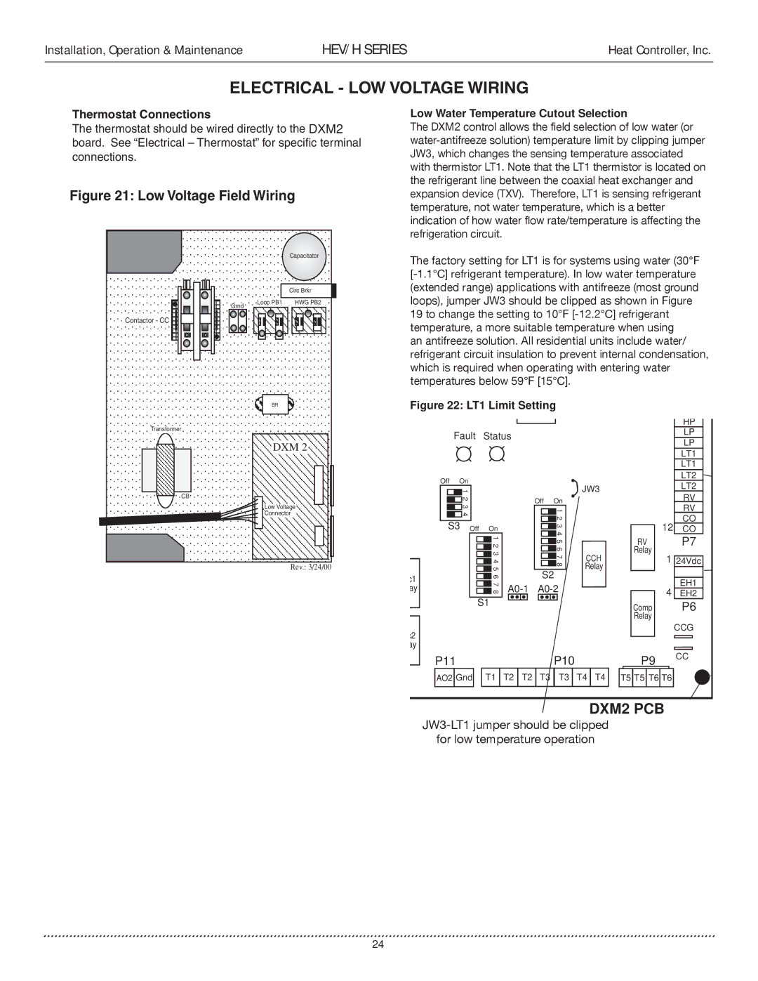 Heat Controller HEV/H manual Electrical LOW Voltage Wiring, Thermostat Connections, Low Water Temperature Cutout Selection 