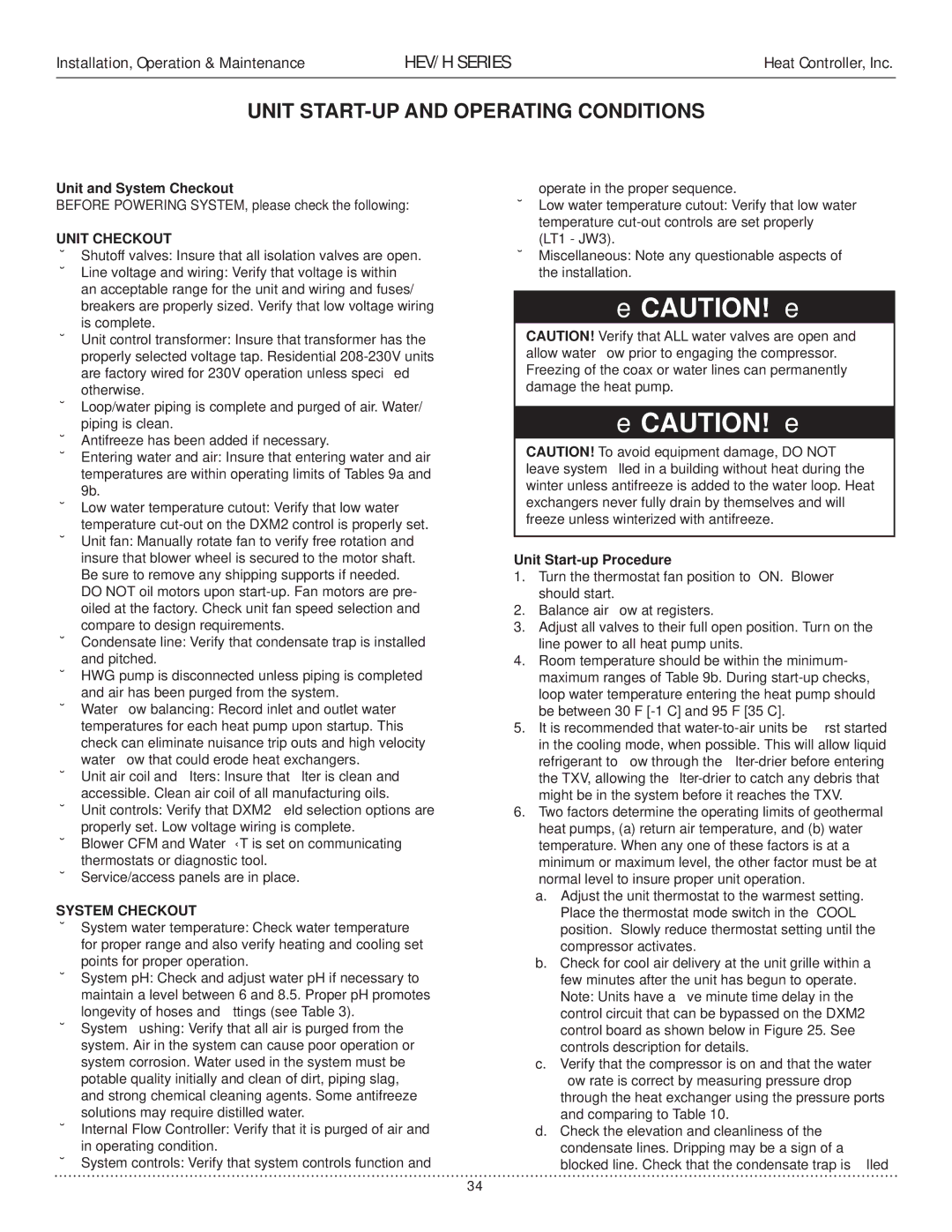 Heat Controller HEV/H manual Unit START-UP and Operating Conditions, Unit and System Checkout, Unit Start-up Procedure 