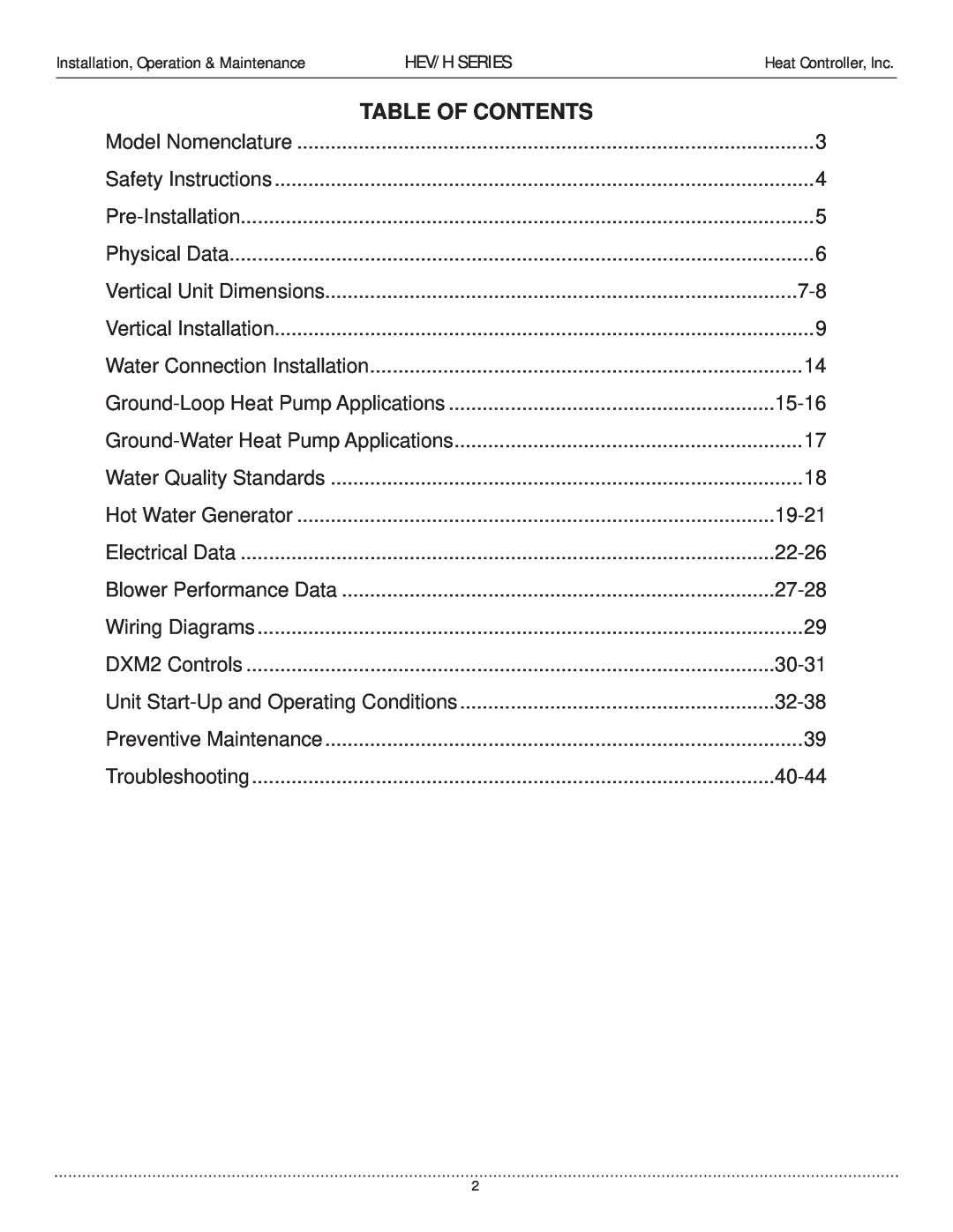 Heat Controller HEV/H Table Of Contents, 15-16, 19-21, 22-26, 27-28, 30-31, Unit Start-Upand Operating Conditions, 32-38 