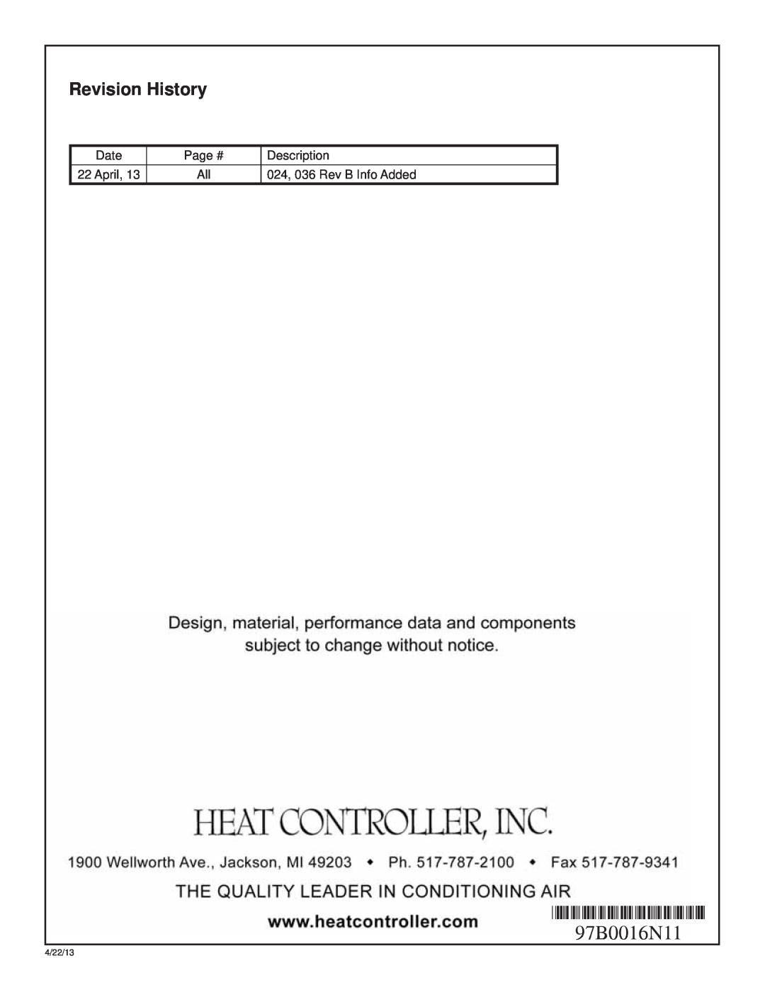 Heat Controller HEV/H manual 97B0016N11, Revision History 
