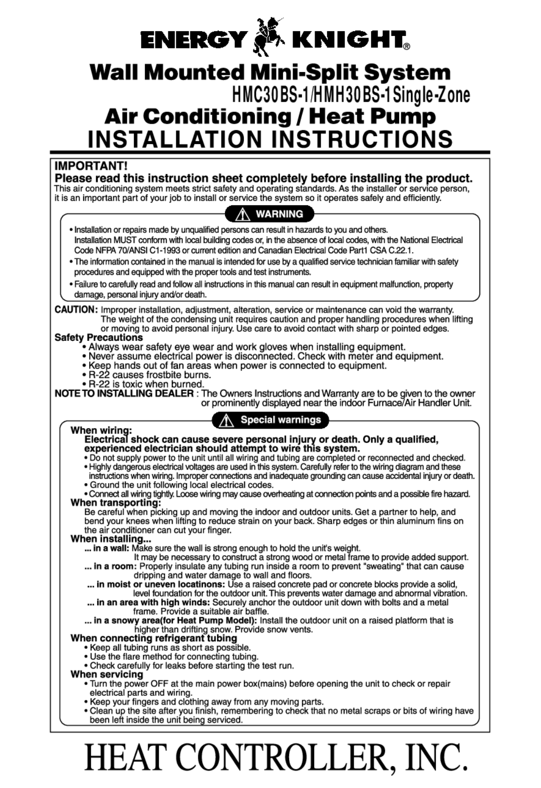 Heat Controller HMH30BS-1SINGLE-ZONE manual HMC30AS-1/HMH30AS-1, HMC30BS-1/HMH30BS-1Single-Zone 