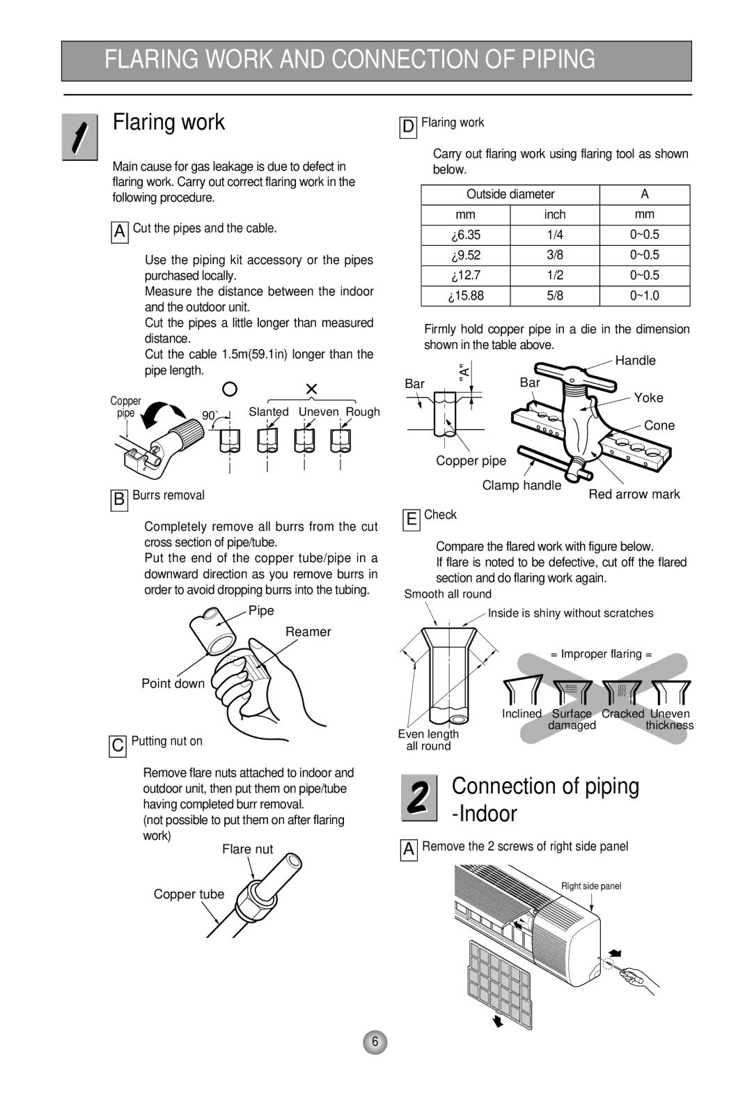 Heat Controller HMH30BS-1SINGLE-ZONE Flaring Work and Connection of Piping, Flaring work, Connection of piping -Indoor 