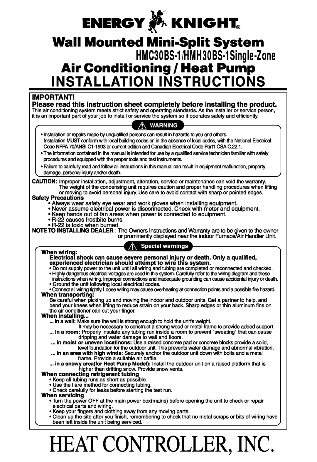 Heat Controller HMH30AS-1, HMC30BS-1, HMH30BS-1SINGLE-ZONE, HMC30AS-1 manual 