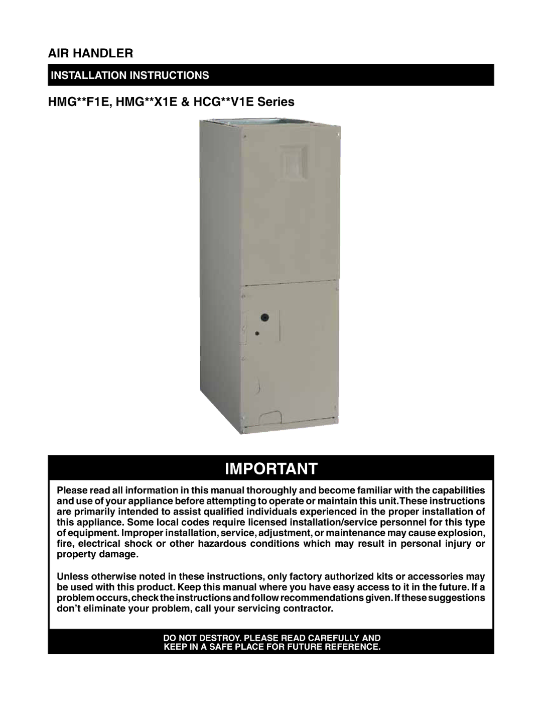 Heat Controller HMG**F1E, HMG**X1E, HCG**V1E installation instructions AIR Handler 