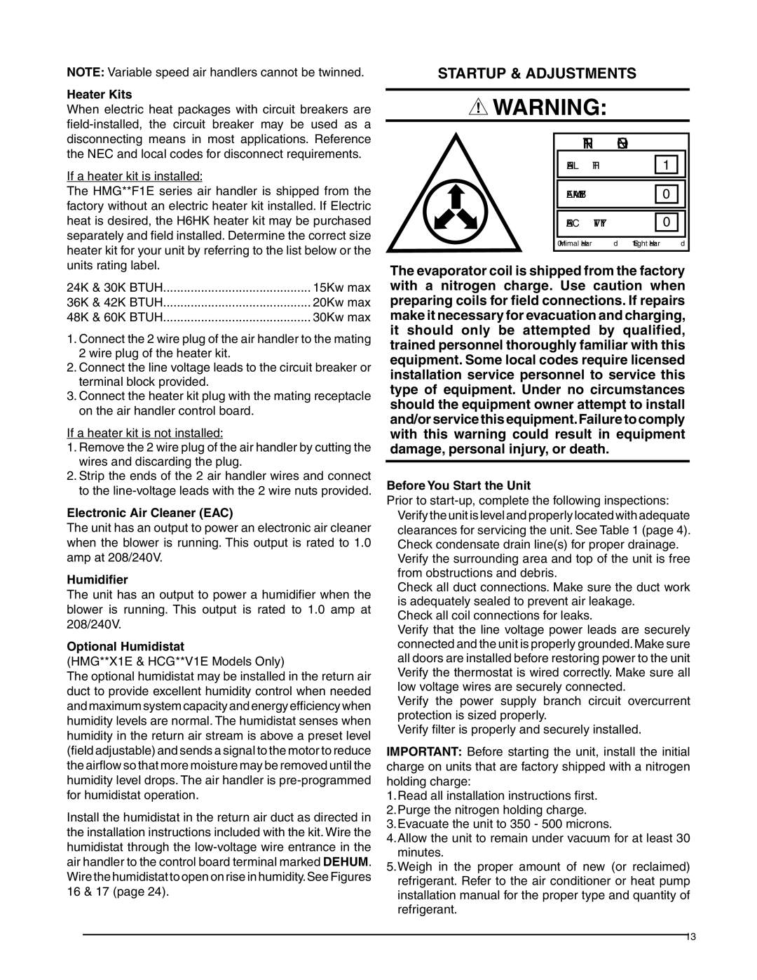 Heat Controller HMG**F1E Startup & Adjustments, Heater Kits, Electronic Air Cleaner EAC, Humidifier, Optional Humidistat 