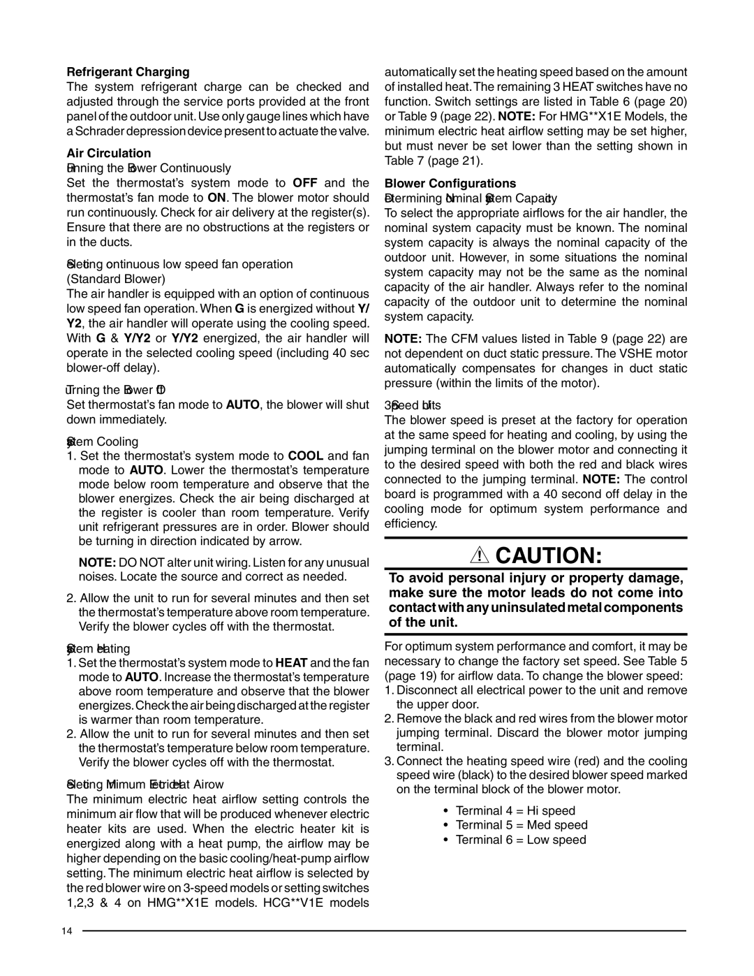 Heat Controller HCG**V1E, HMG**X1E, HMG**F1E Refrigerant Charging, Air Circulation, Blower Configurations 