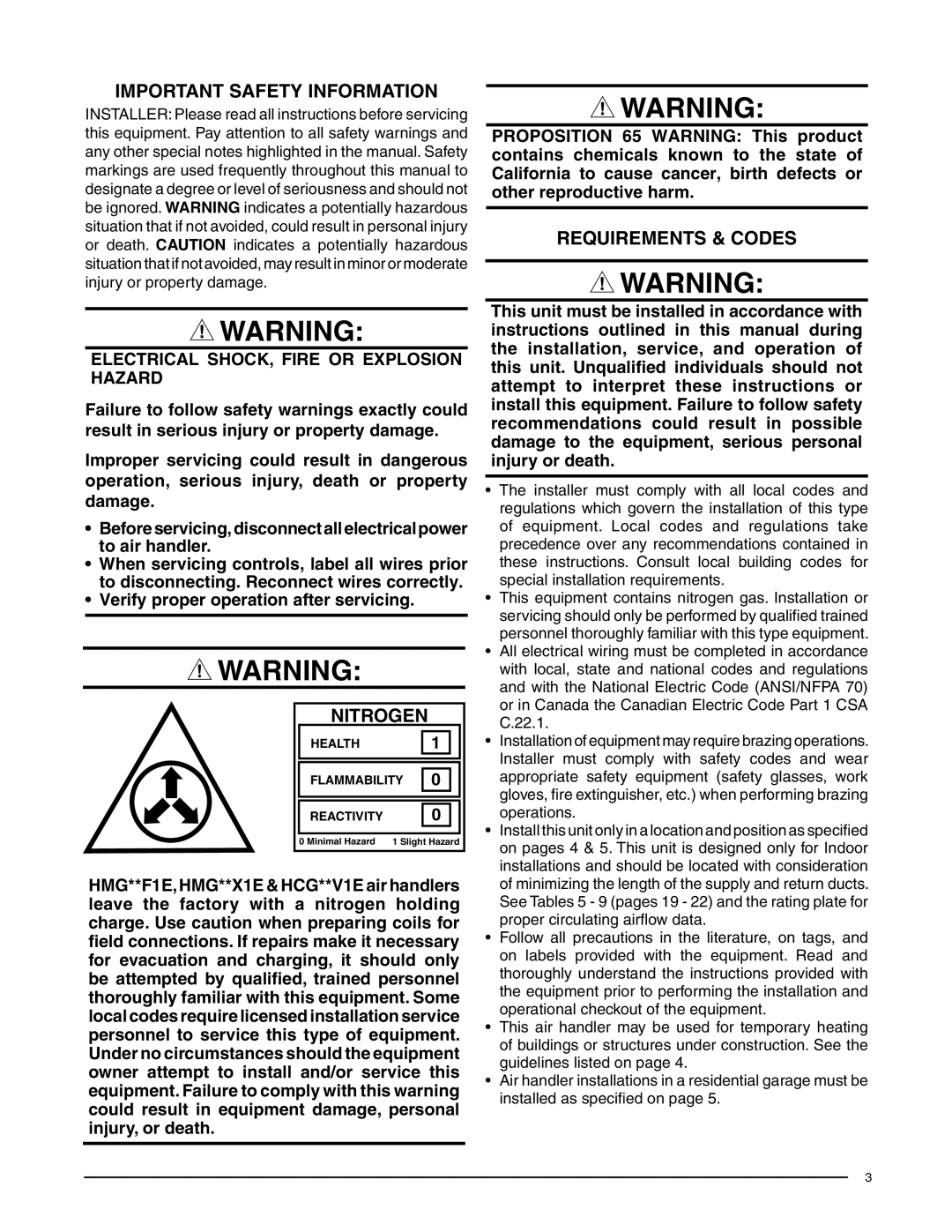 Heat Controller HMG**X1E Important Safety Information, Nitrogen, Requirements & Codes, Health Flammability Reactivity 