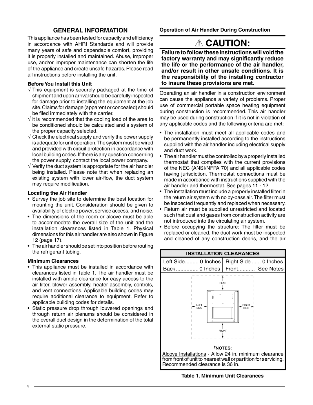 Heat Controller HMG**F1E General Information, Before You Install this Unit, Locating the Air Handler, Minimum Clearances 