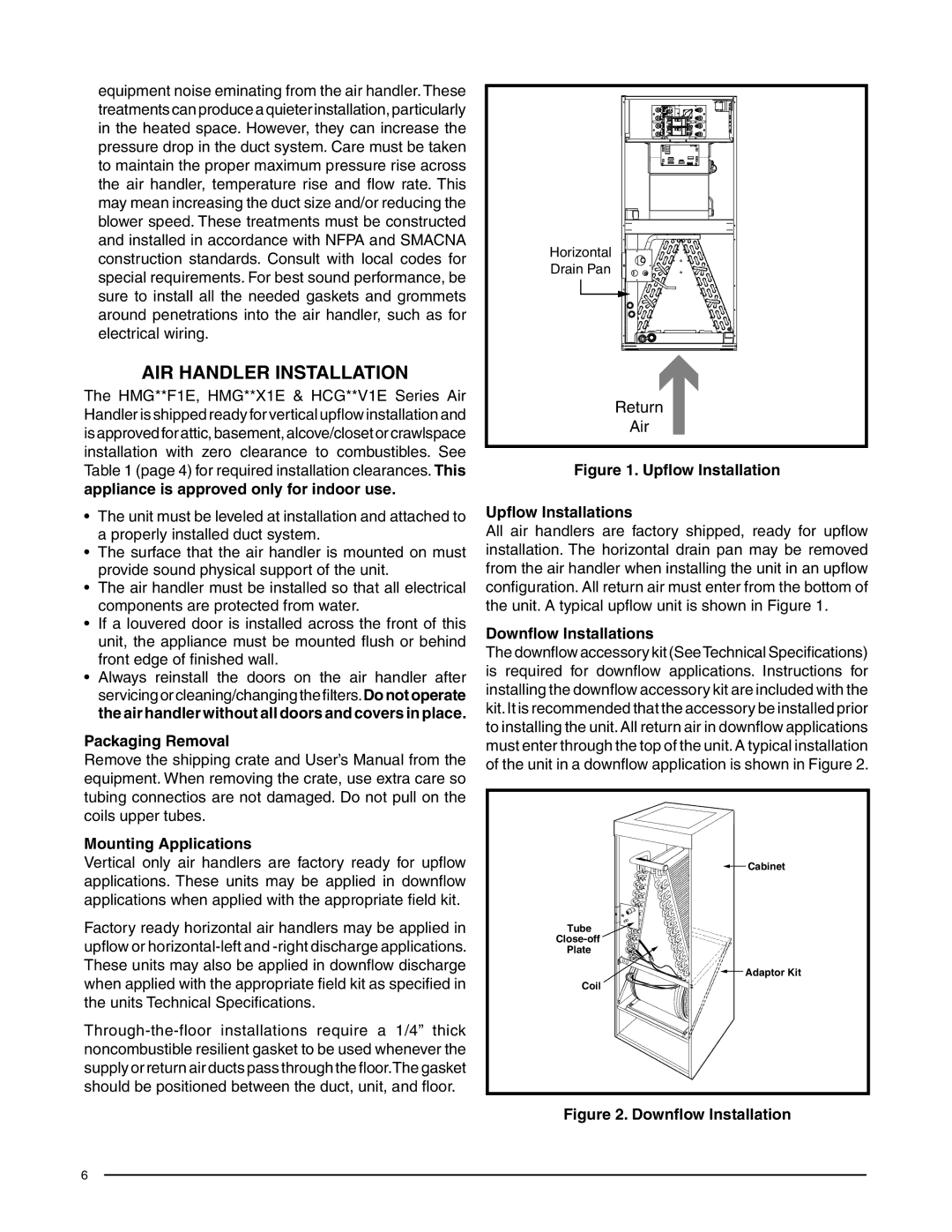 Heat Controller HMG**X1E Air handler Installation, Packaging Removal, Mounting Applications, Downflow Installations 