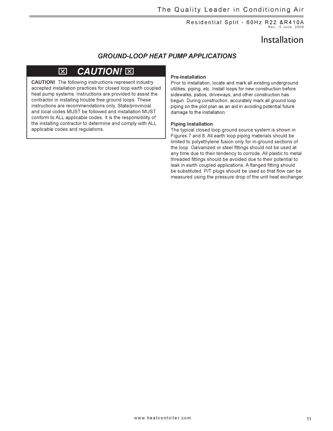 Heat Controller HSS, HTS SERIES SPLIT SYSTEM manual GROUND-LOOP Heat Pump Applications, Piping Installation 