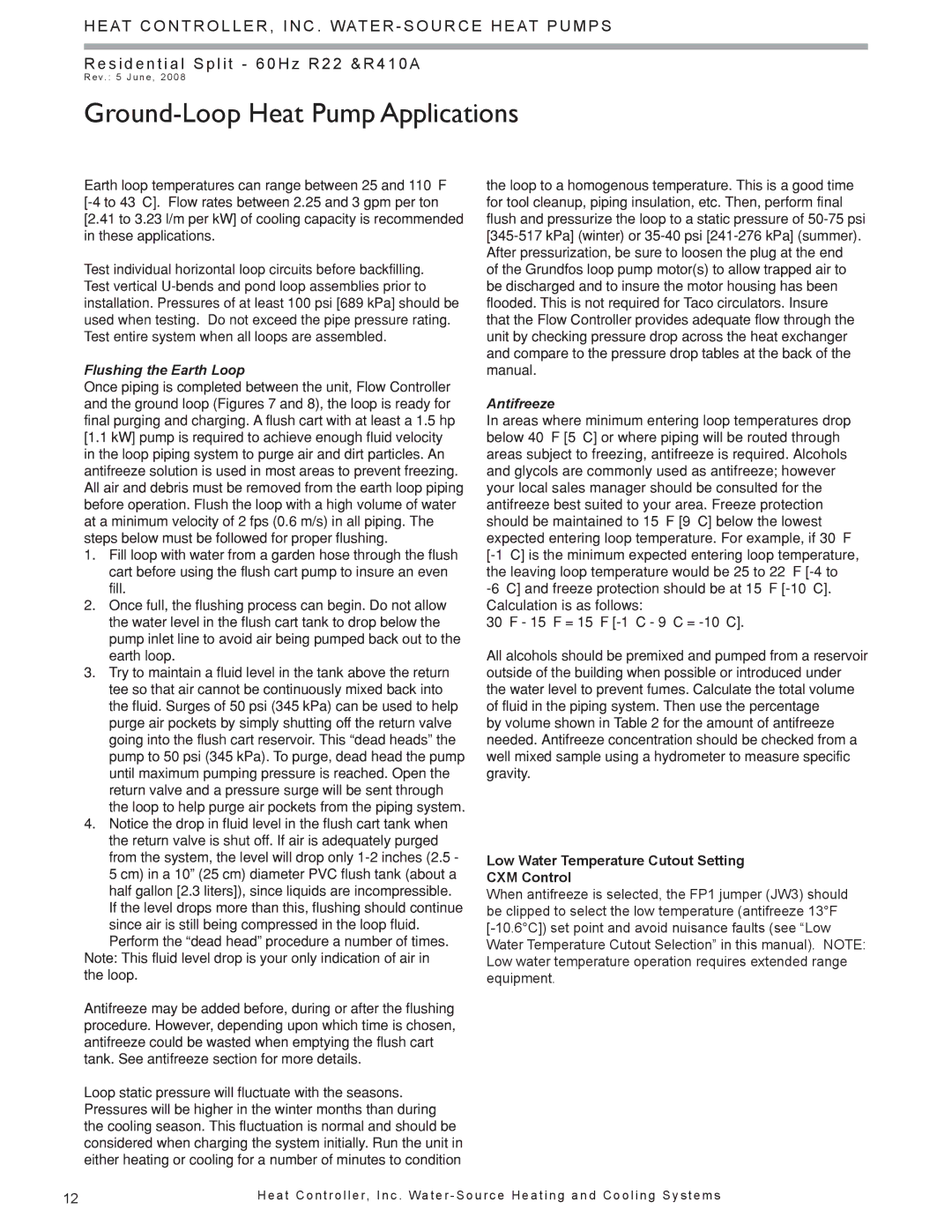 Heat Controller HTS SERIES SPLIT SYSTEM, HSS manual Ground-Loop Heat Pump Applications, Flushing the Earth Loop, Antifreeze 