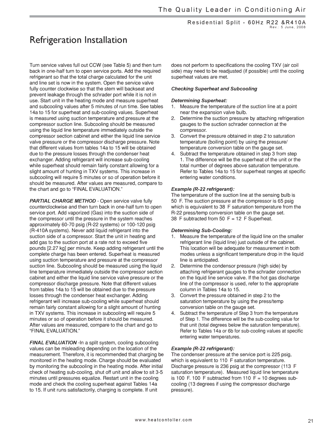 Heat Controller HSS manual Checking Superheat and Subcooling Determining Superheat, Example R-22 refrigerant 