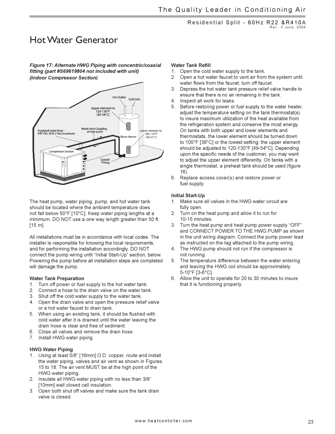 Heat Controller HSS, HTS SERIES SPLIT SYSTEM Water Tank Preparation, HWG Water Piping, Water Tank Refill, Initial Start-Up 