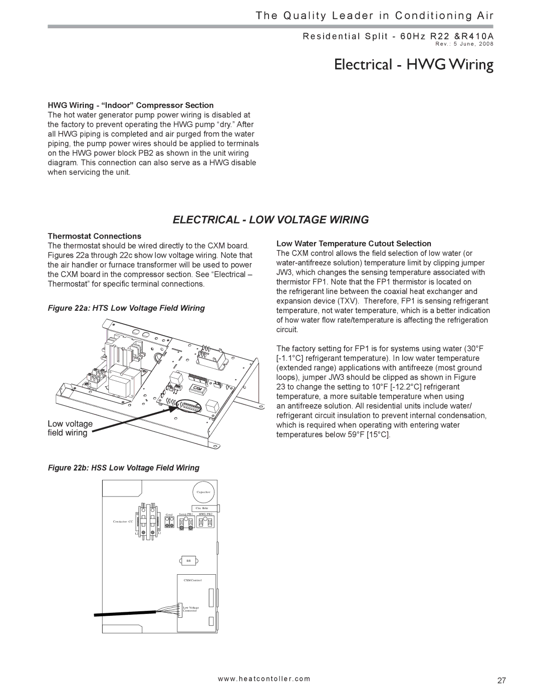 Heat Controller HSS manual Electrical HWG Wiring, HWG Wiring Indoor Compressor Section, Thermostat Connections 