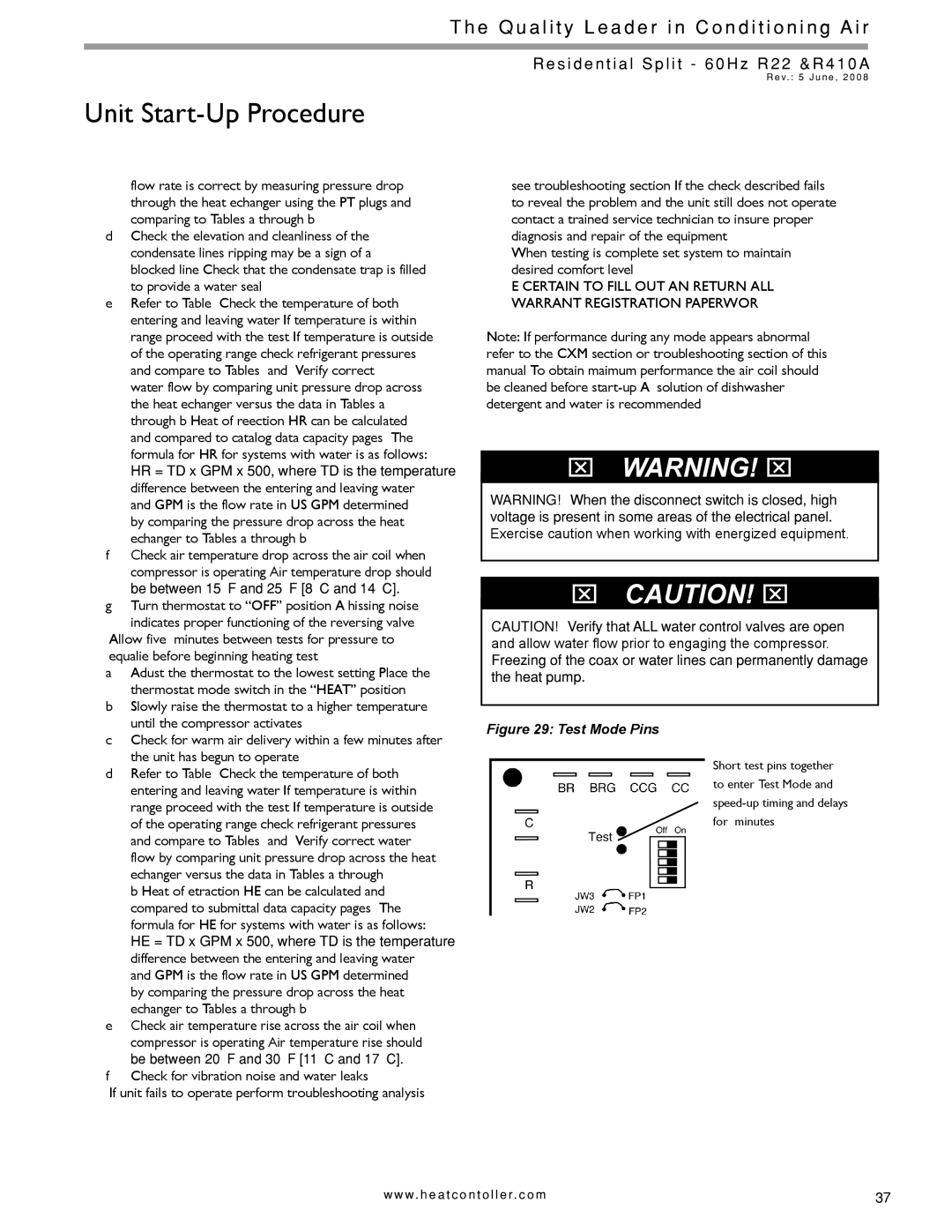 Heat Controller HSS, HTS SERIES SPLIT SYSTEM manual Unit Start-Up Procedure, Test Mode Pins 