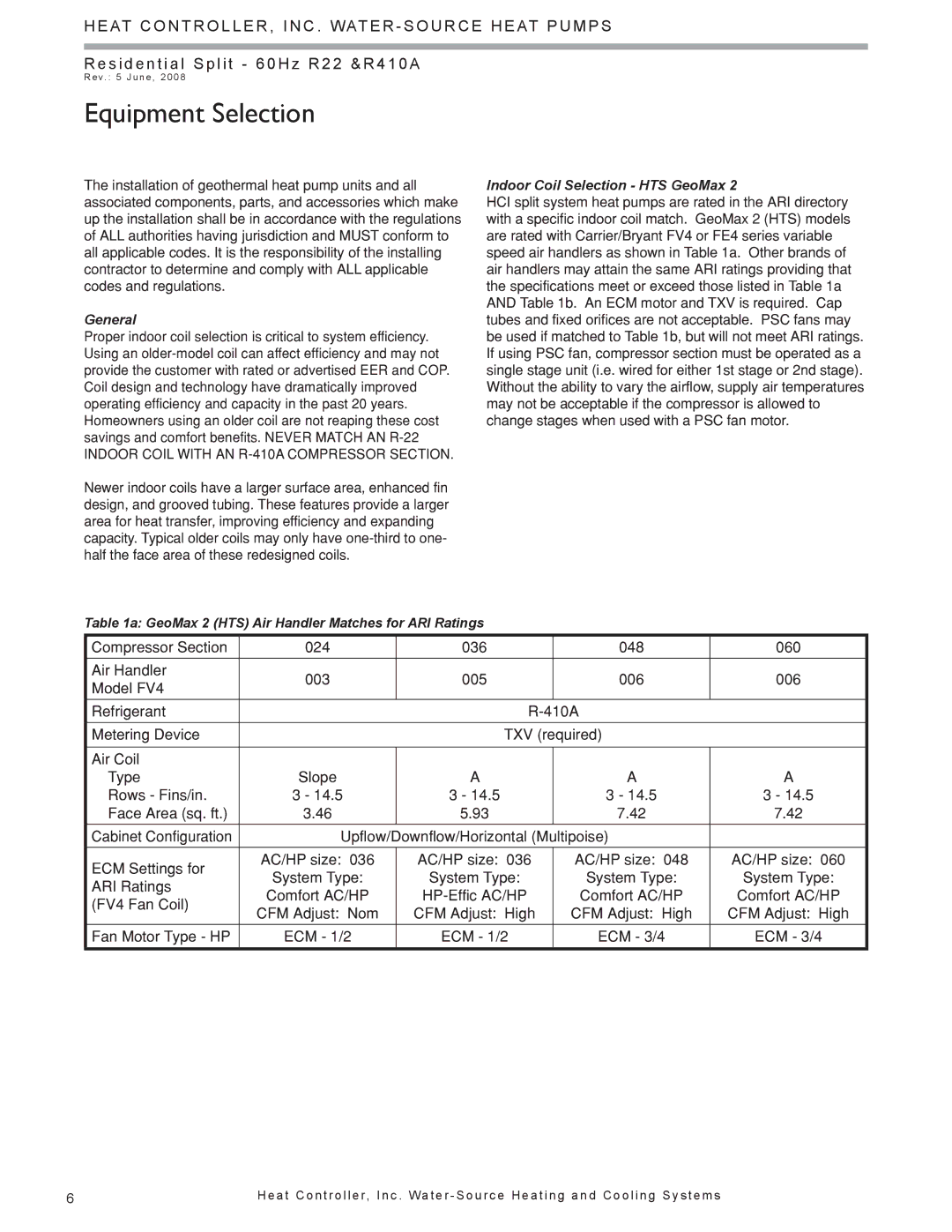 Heat Controller HTS SERIES SPLIT SYSTEM, HSS manual Equipment Selection, General, Indoor Coil Selection HTS GeoMax 