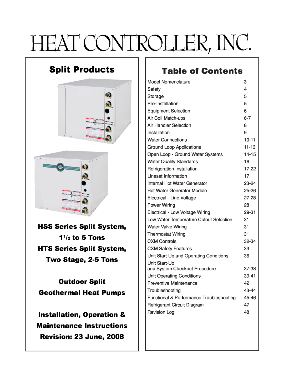 Heat Controller manual Split Products, Table of Contents, HSS Series Split System 11/2 to 5 Tons 