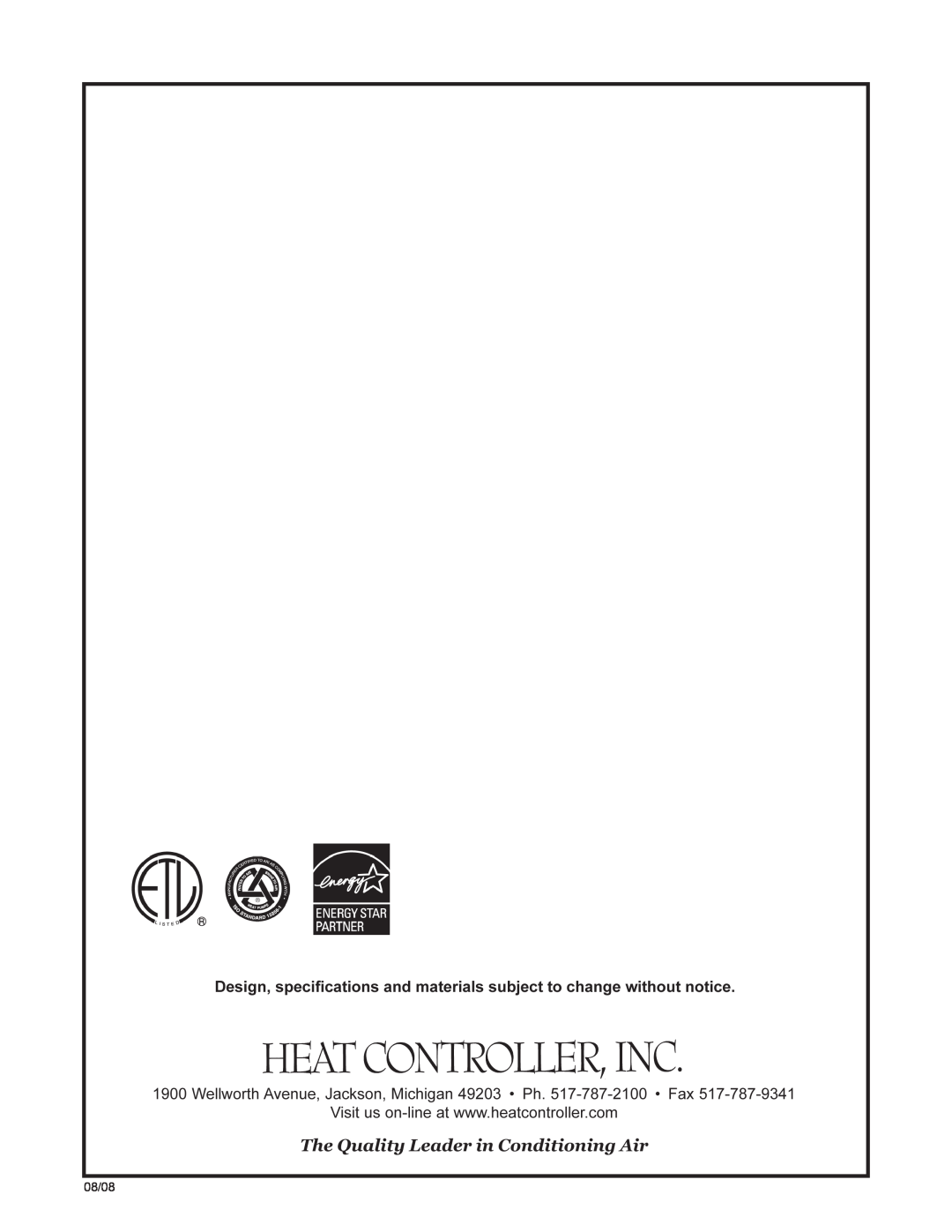 Heat Controller HTS SERIES SPLIT SYSTEM, HSS manual 08/08 