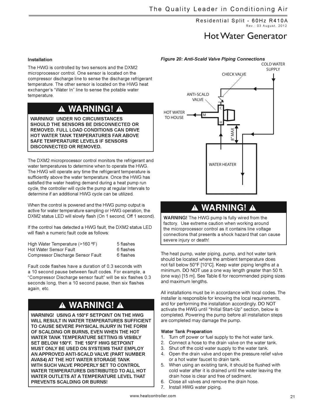 Heat Controller HTS SERIES manual Installation, Water Tank Preparation 