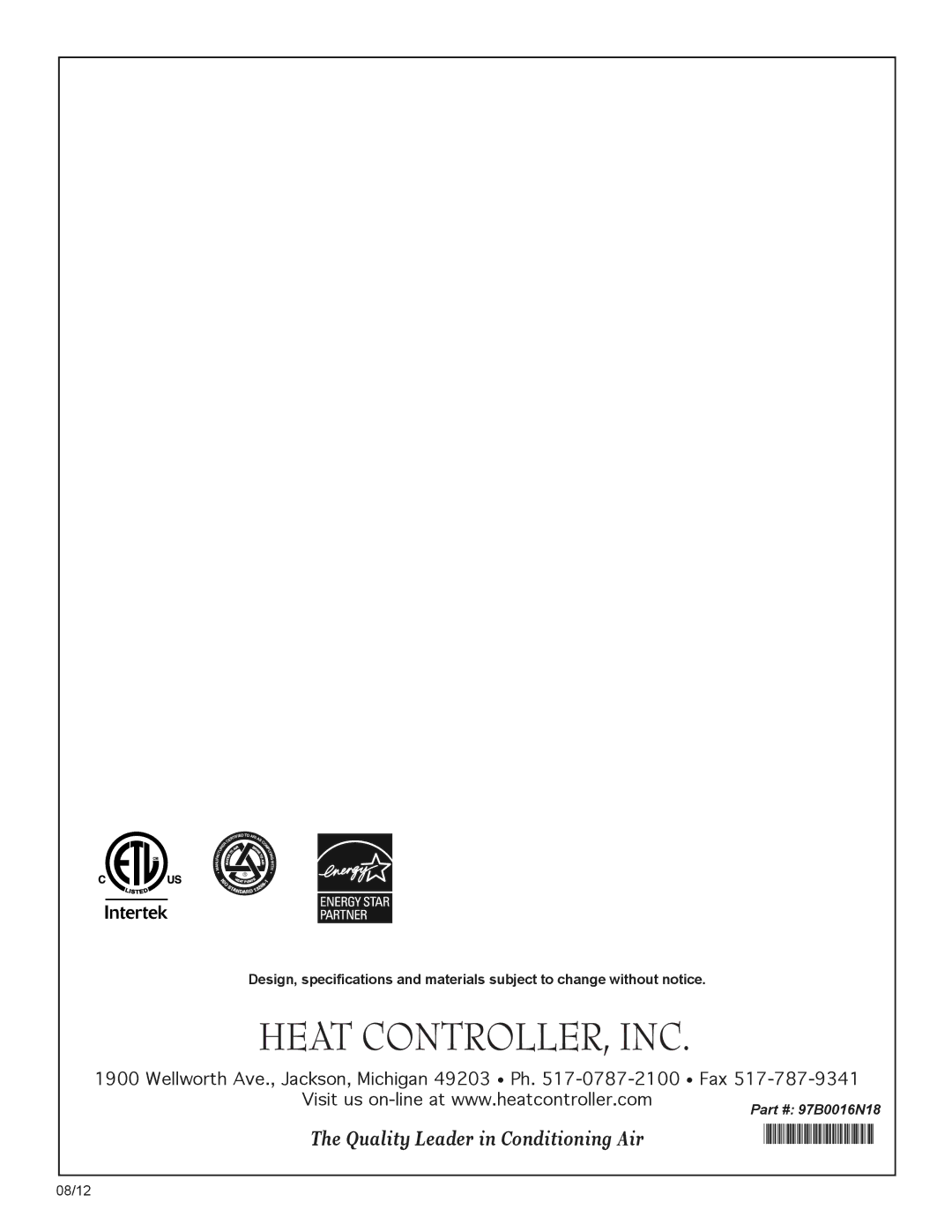 Heat Controller HTS SERIES manual Wellworth Ave., Jackson, Michigan 49203 Ph -0787-2100 Fax 