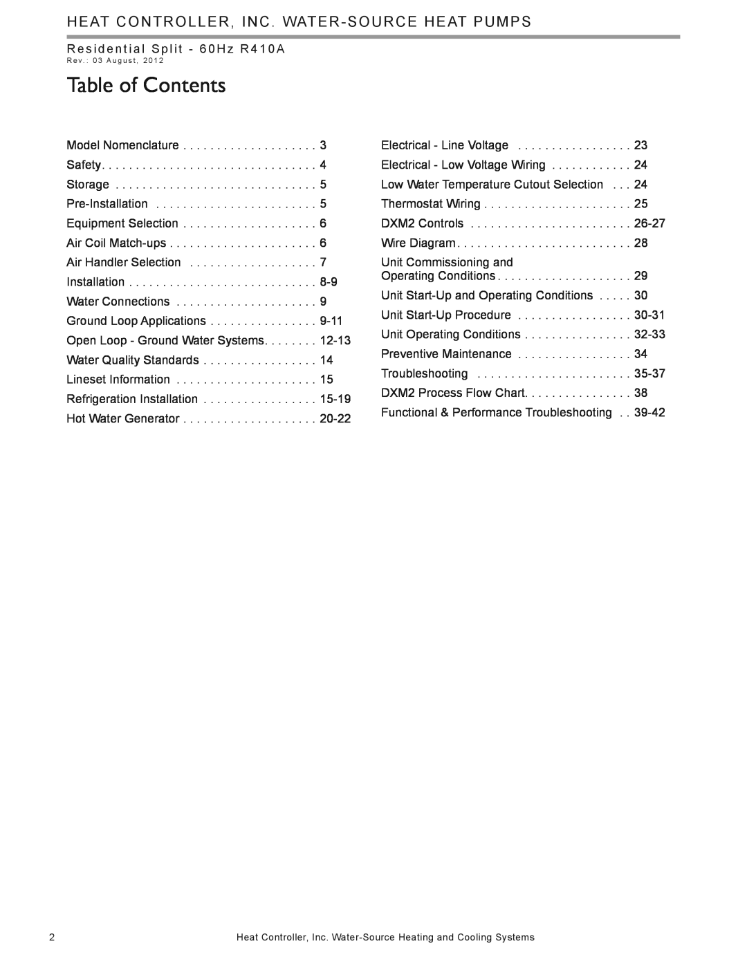 Heat Controller HTS SERIES Table of Contents, Heat Controller, Inc. Water-Sourceheat Pumps, Electrical - Line Voltage 