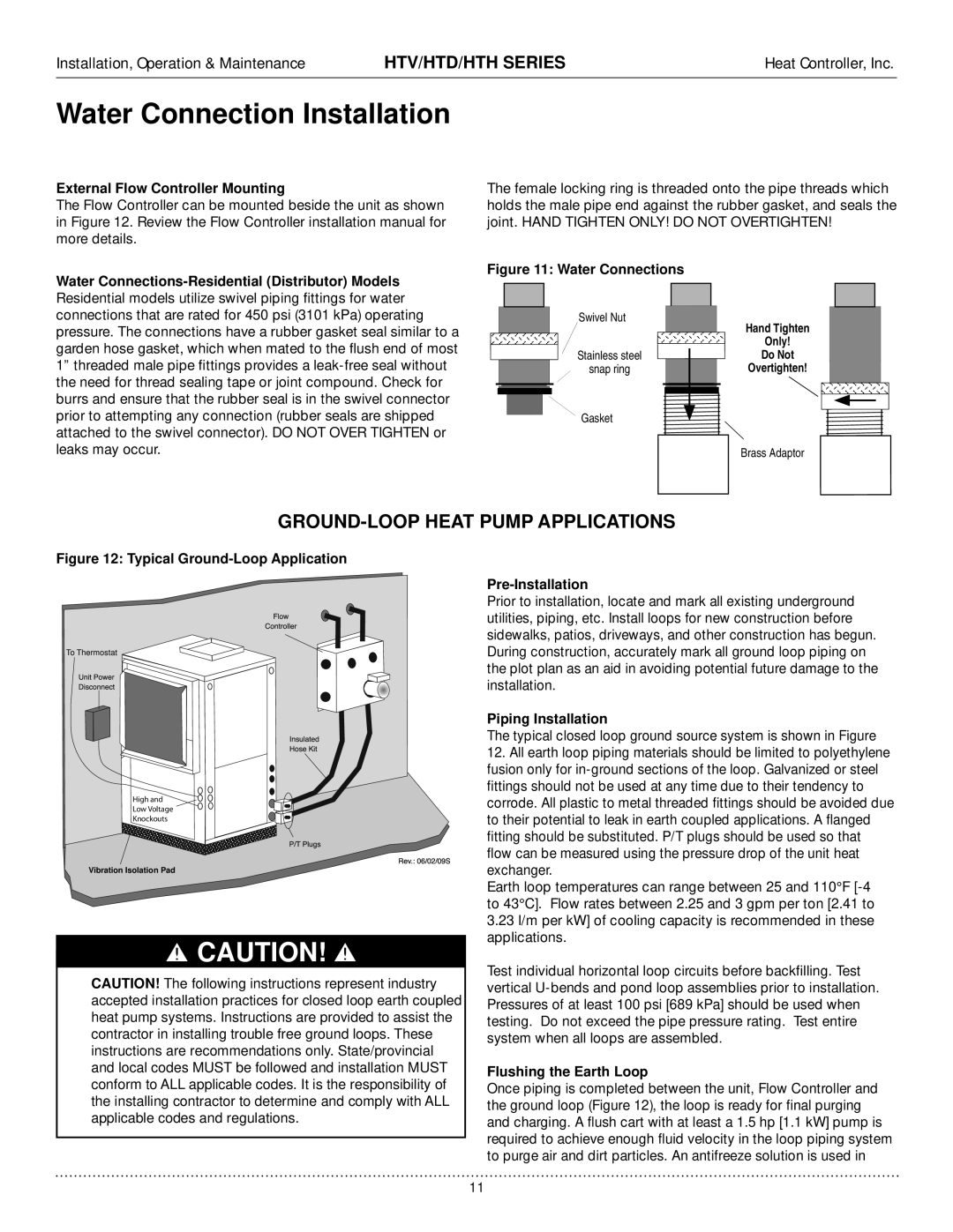 Heat Controller HTD, HTV, HTH manual Water Connection Installation, External Flow Controller Mounting, Piping Installation 