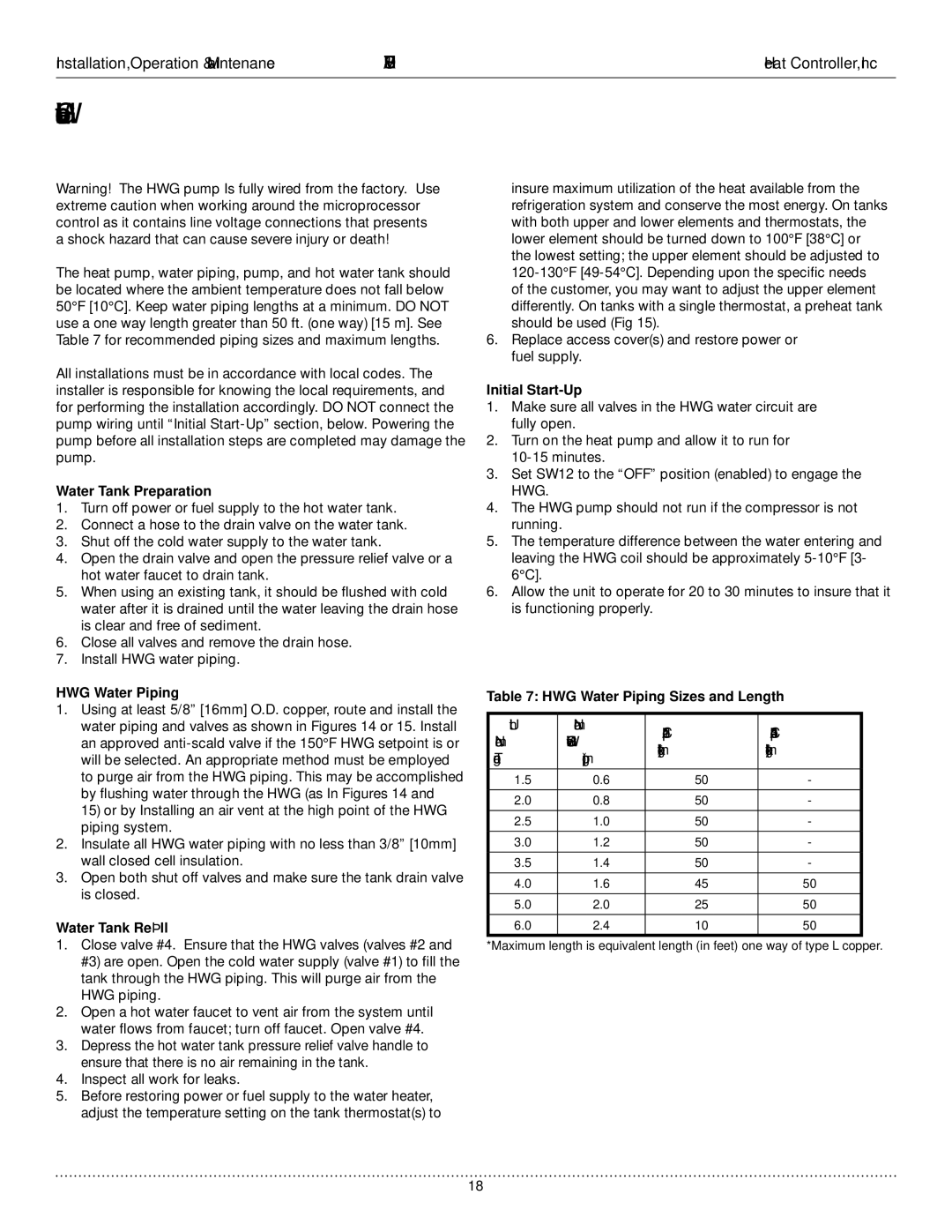 Heat Controller HTV, HTH, HTD manual Water Tank Preparation, Initial Start-Up, HWG Water Piping, Water Tank Reﬁll 