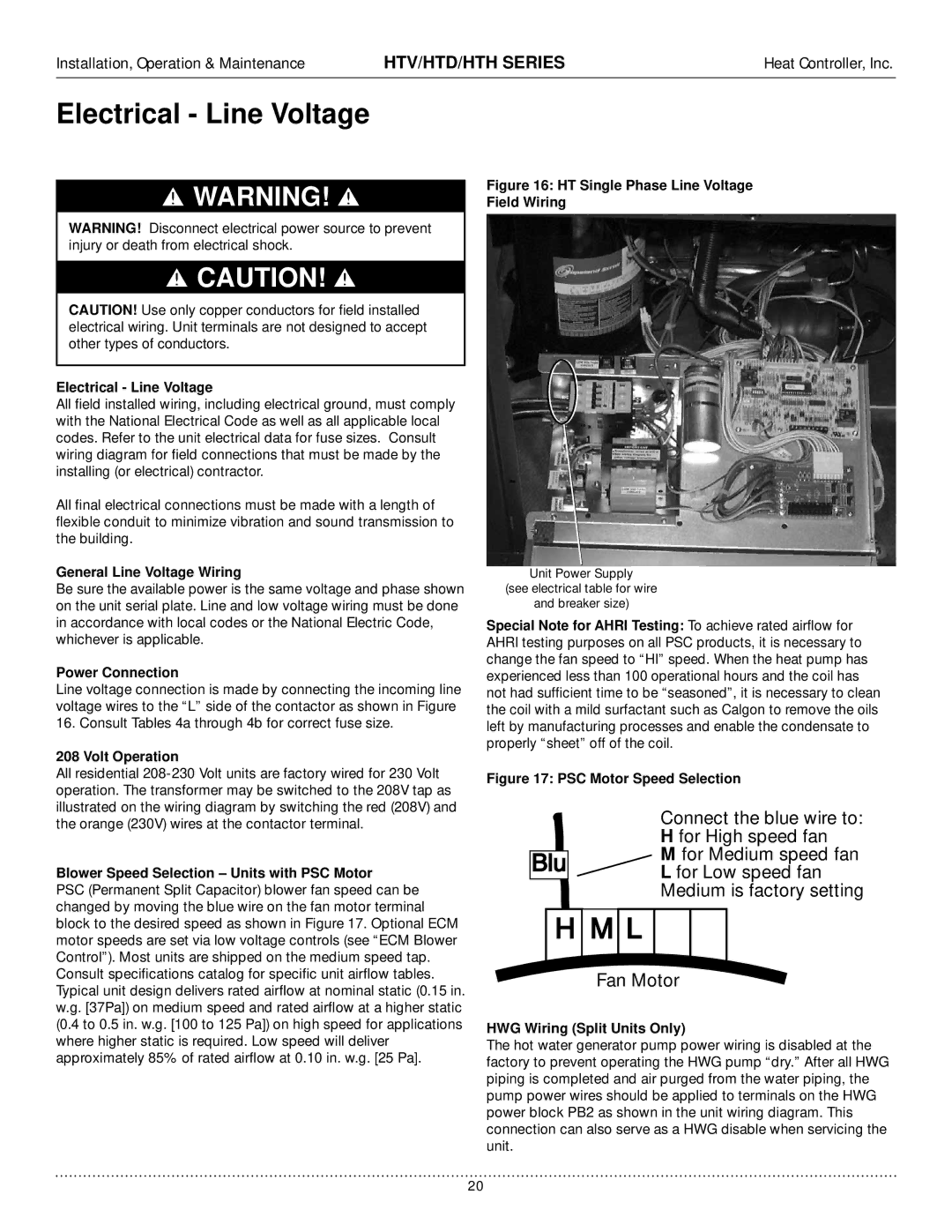 Heat Controller HTD, HTV, HTH manual Electrical Line Voltage, General Line Voltage Wiring, Power Connection, Volt Operation 