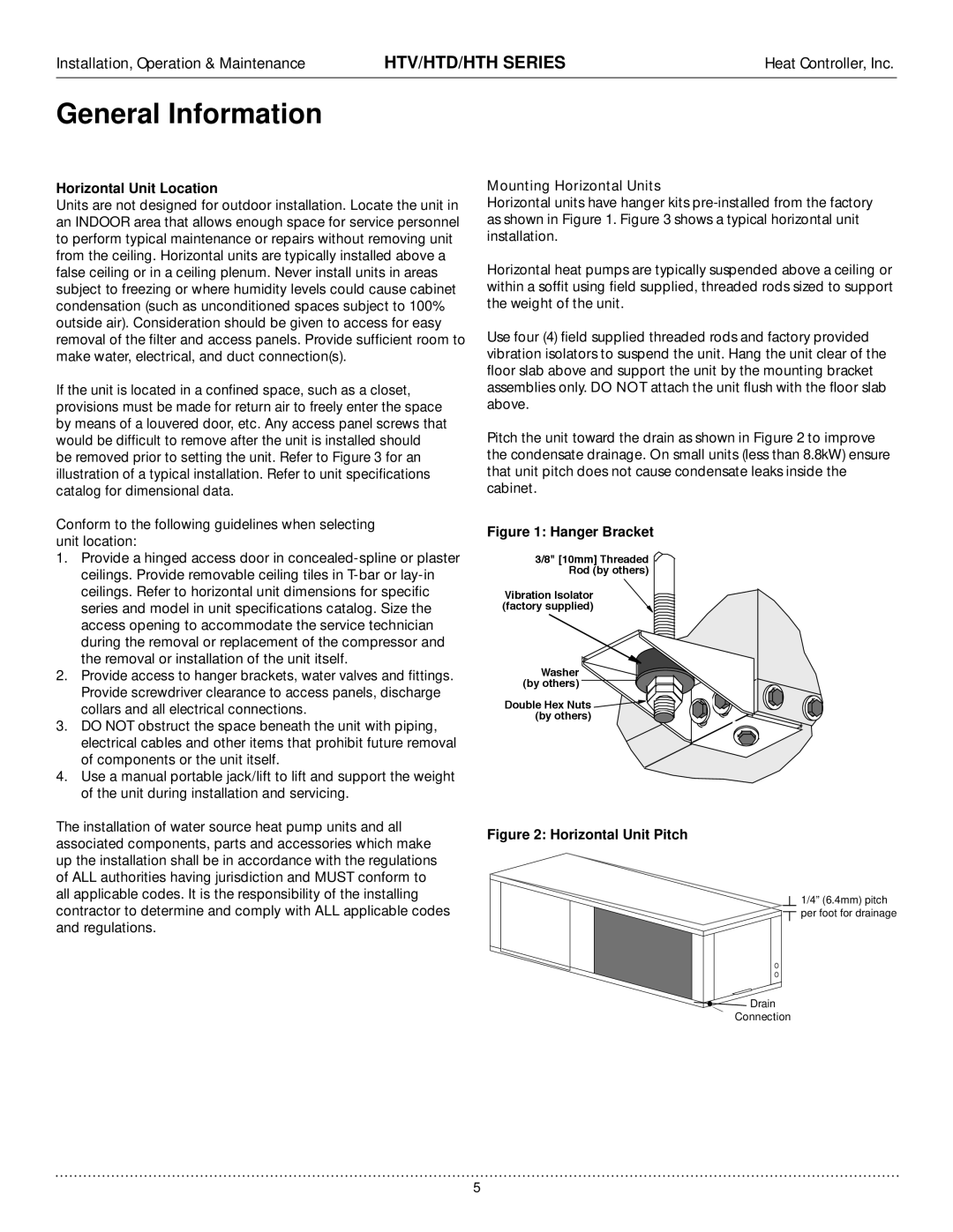 Heat Controller HTD, HTV, HTH manual Horizontal Unit Location, Hanger Bracket 