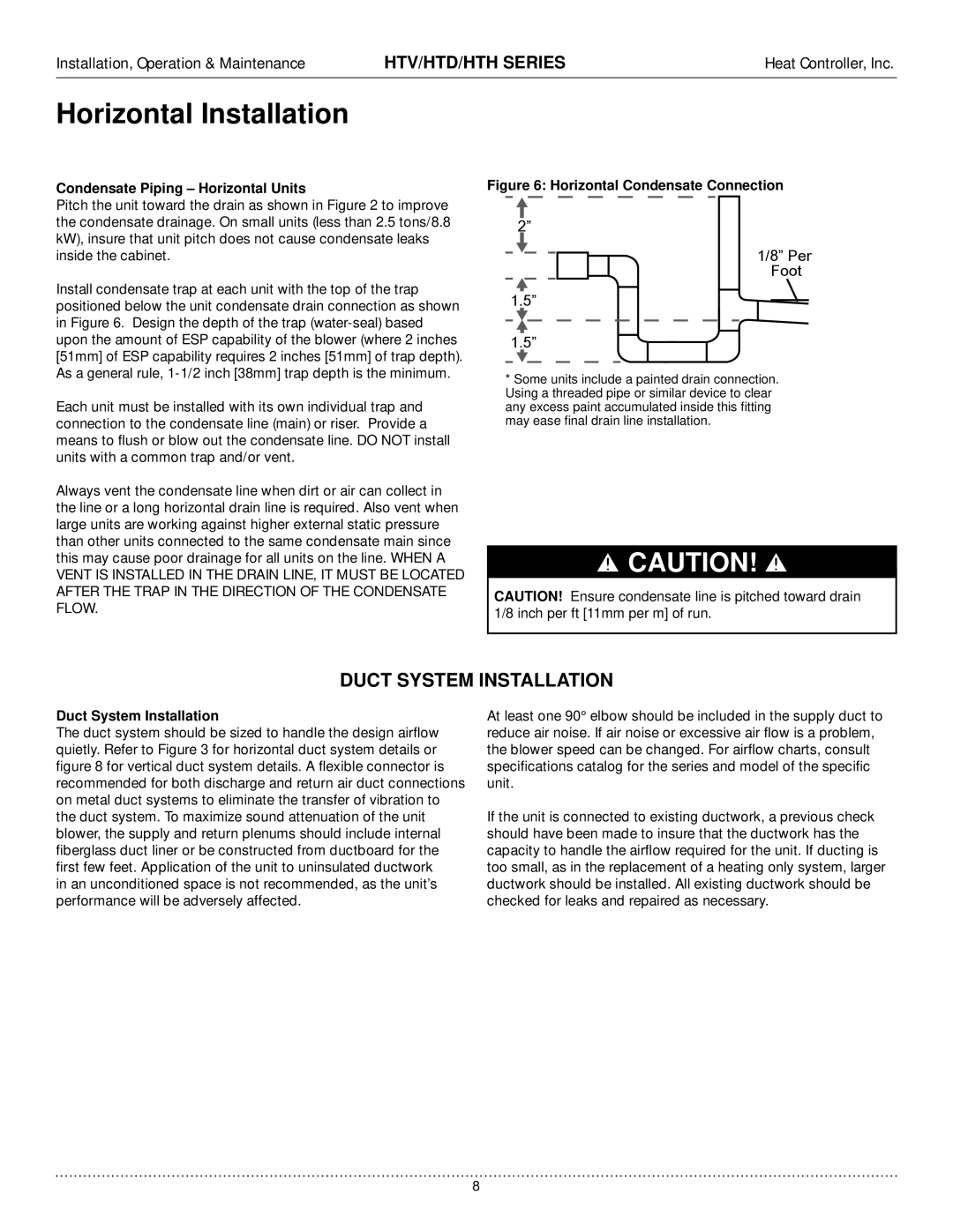 Heat Controller HTD, HTV, HTH manual Condensate Piping Horizontal Units, Duct System Installation, ರ3HU RRW 