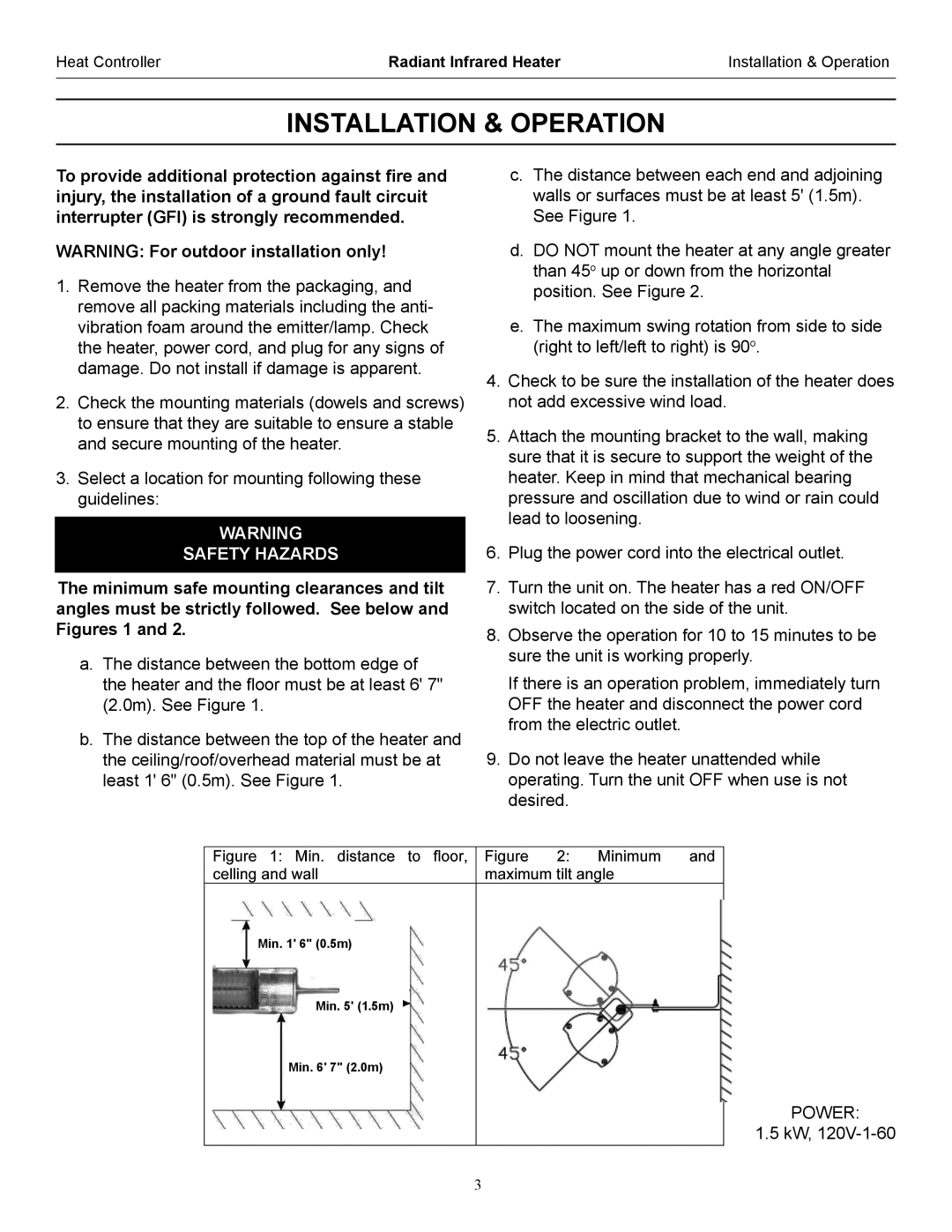 Heat Controller IR15S operation manual Installation & Operation, Safety Hazards 