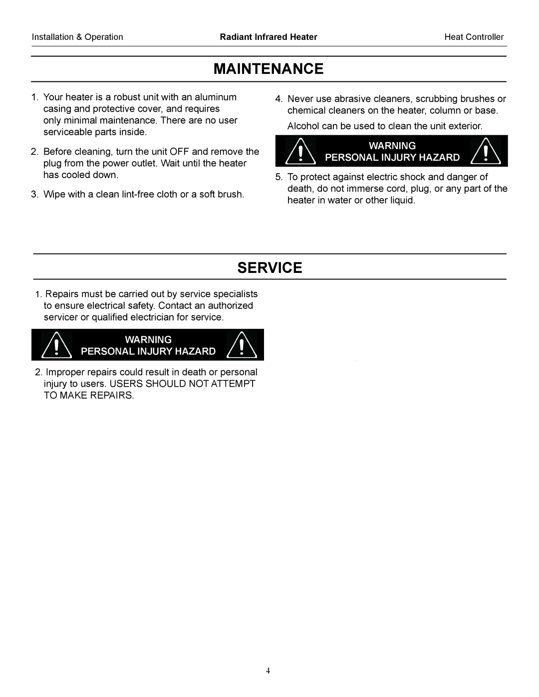 Heat Controller IR15S operation manual Maintenance, Service 