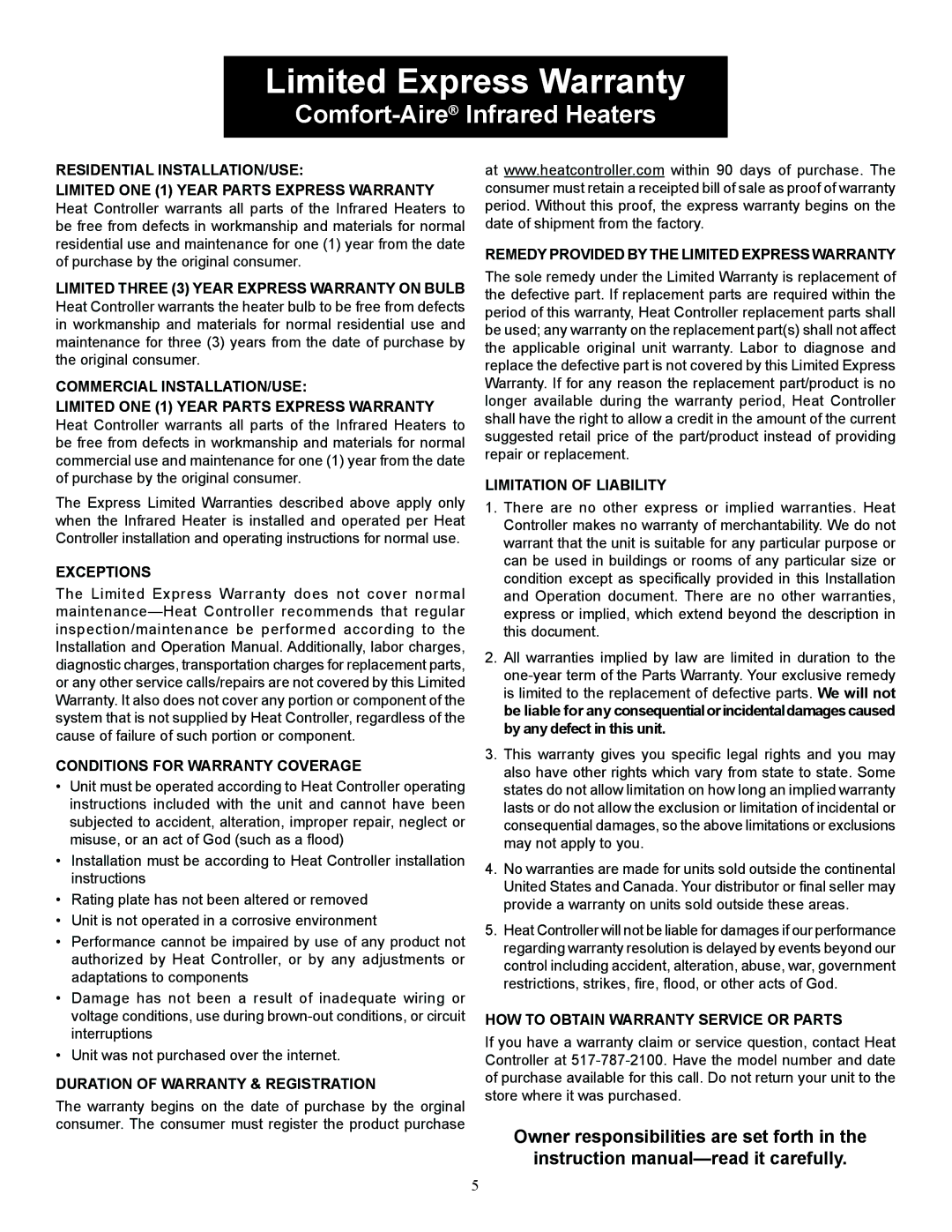 Heat Controller IR15S operation manual Limited Express Warranty 