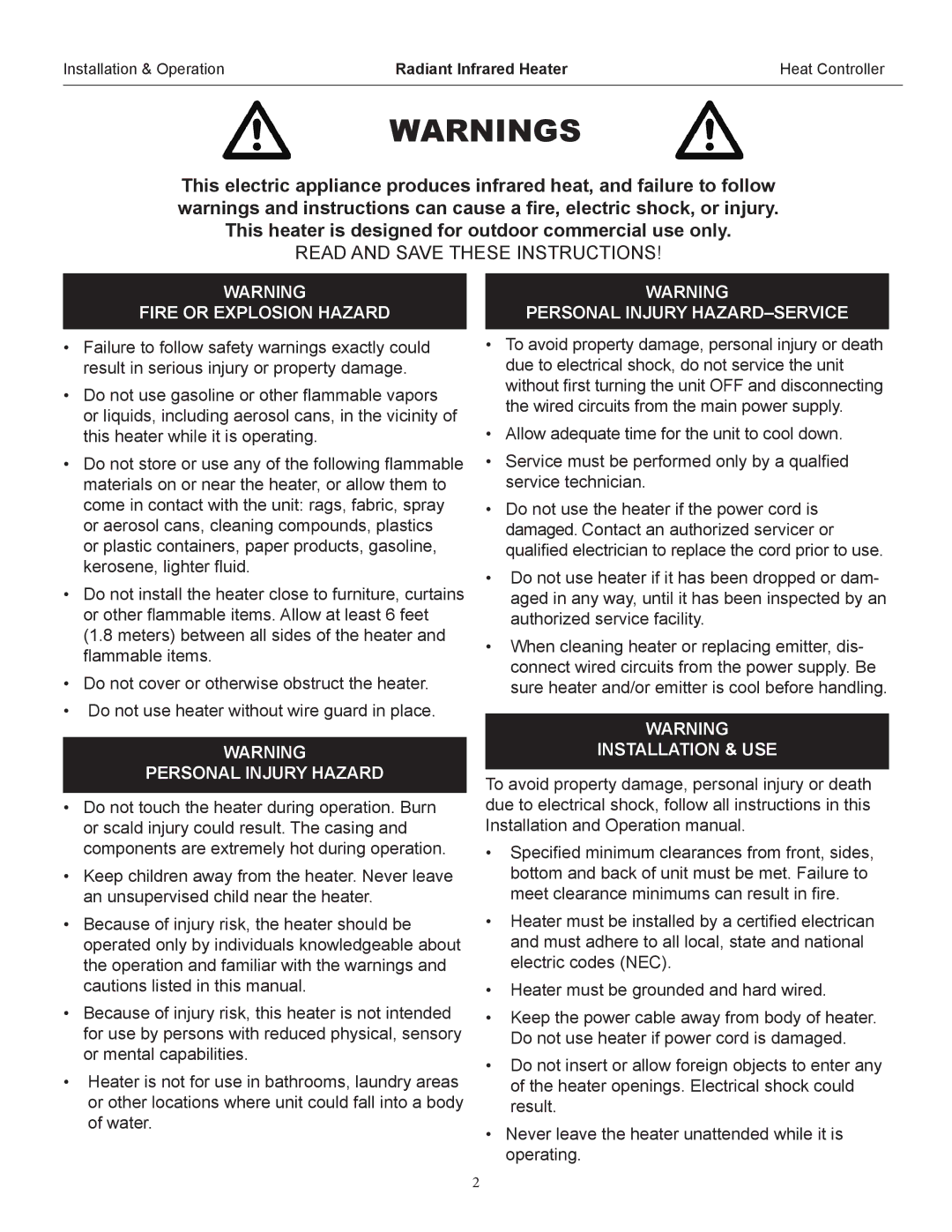 Heat Controller IR30S, IR60S operation manual Read and Save These Instructions 