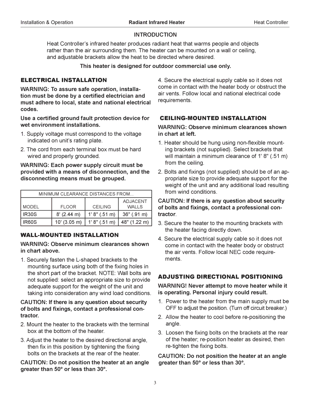 Heat Controller IR60S Introduction, Electrical Installation, WALL-MOUNTED Installation, CEILING-MOUNTED Installation 