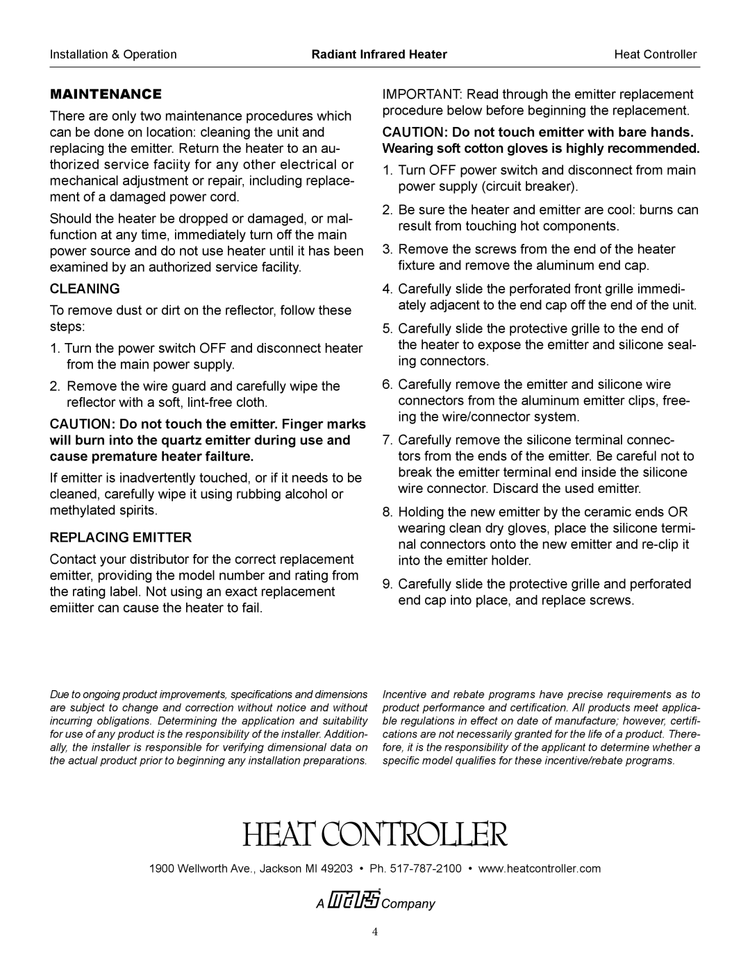 Heat Controller IR30S, IR60S operation manual Maintenance, Cleaning, Replacing Emitter 