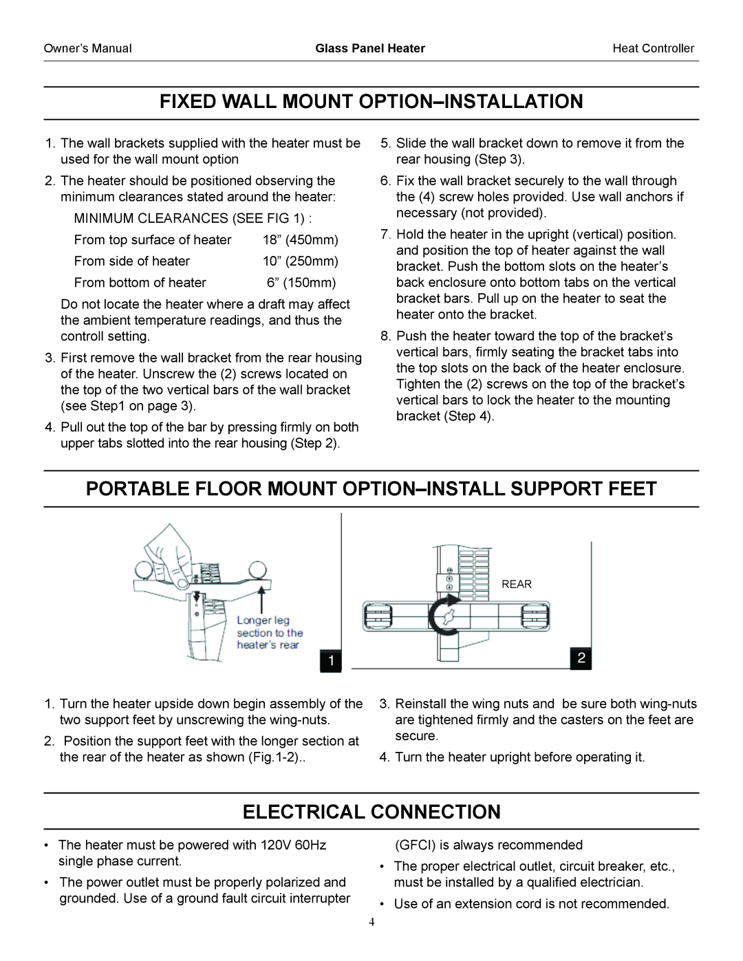 Heat Controller IRGPH15B operation manual Portable Floor Mount OPTION-INSTALL Support Feet, Electrical Connection 