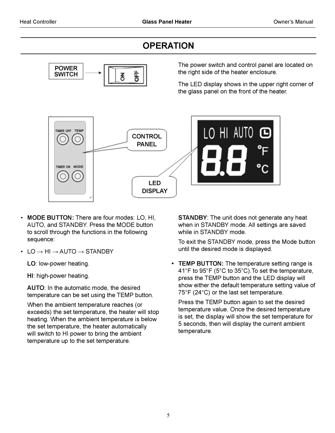 Heat Controller IRGPH15B operation manual Operation, Power Switch, Control Panel LED Display, LO → HI → Auto → Standby 