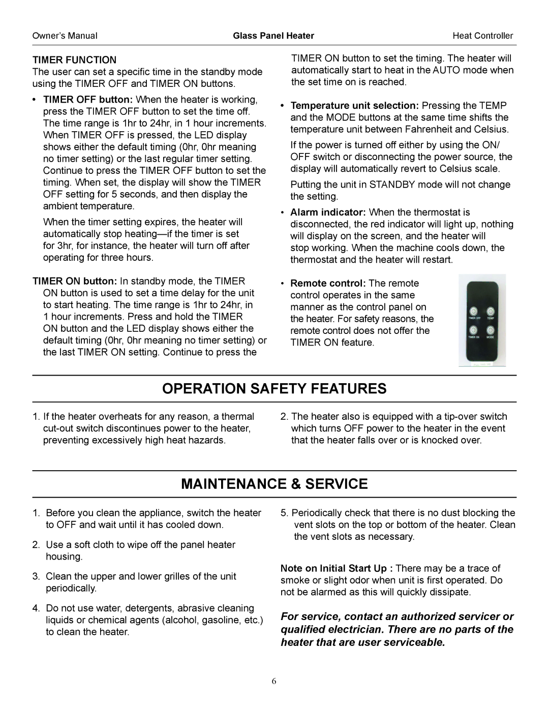 Heat Controller IRGPH15B operation manual Operation Safety Features, Maintenance & Service, Timer Function 