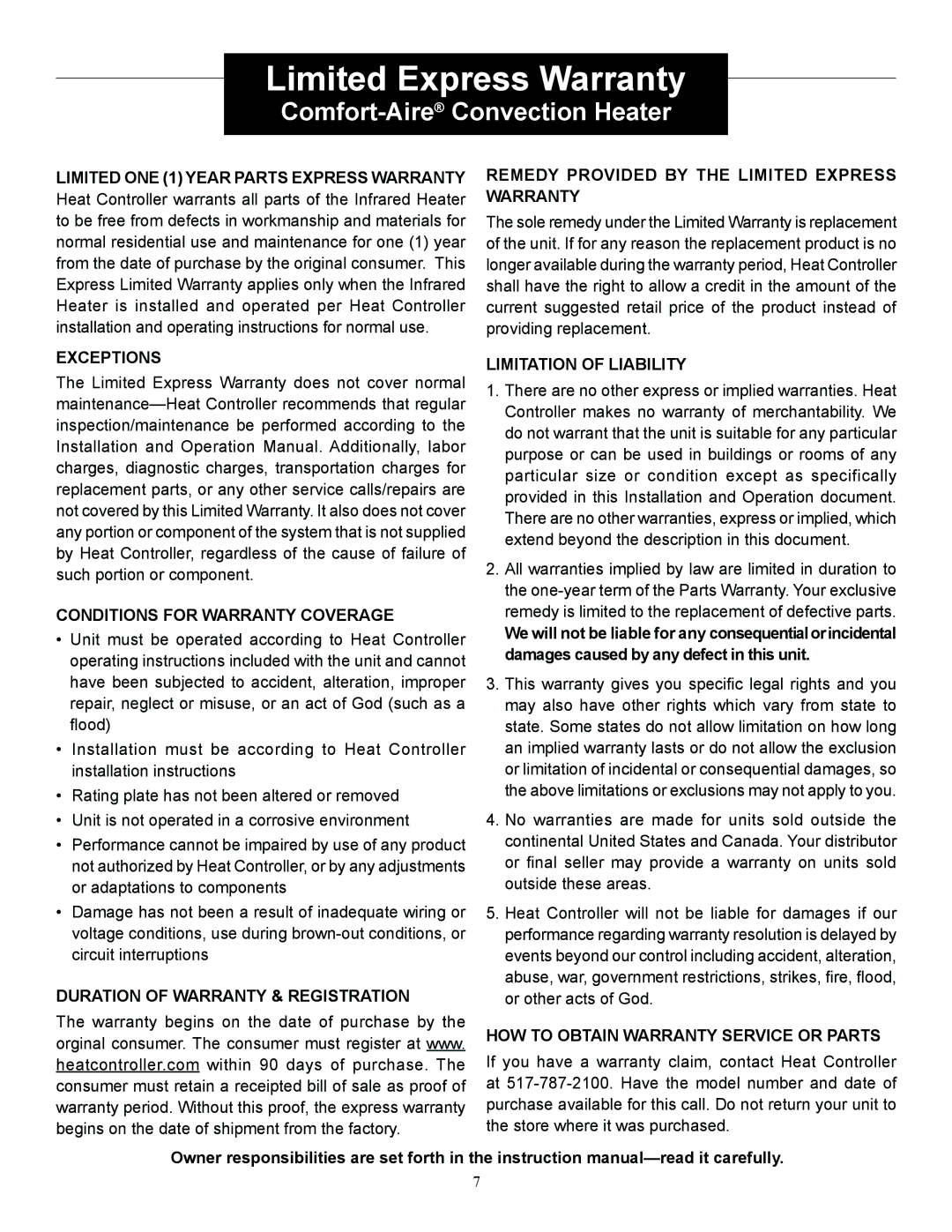 Heat Controller IRGPH15B operation manual Limited Express Warranty 
