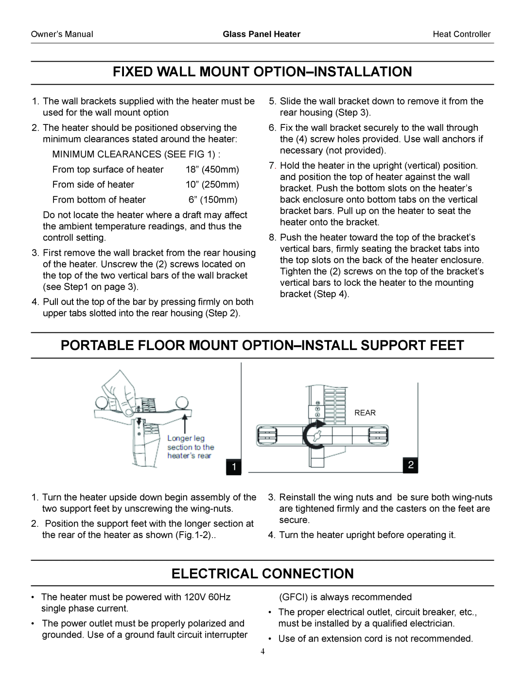 Heat Controller IRGPH15B operation manual Portable Floor Mount Option-Installsupport Feet, Electrical Connection 
