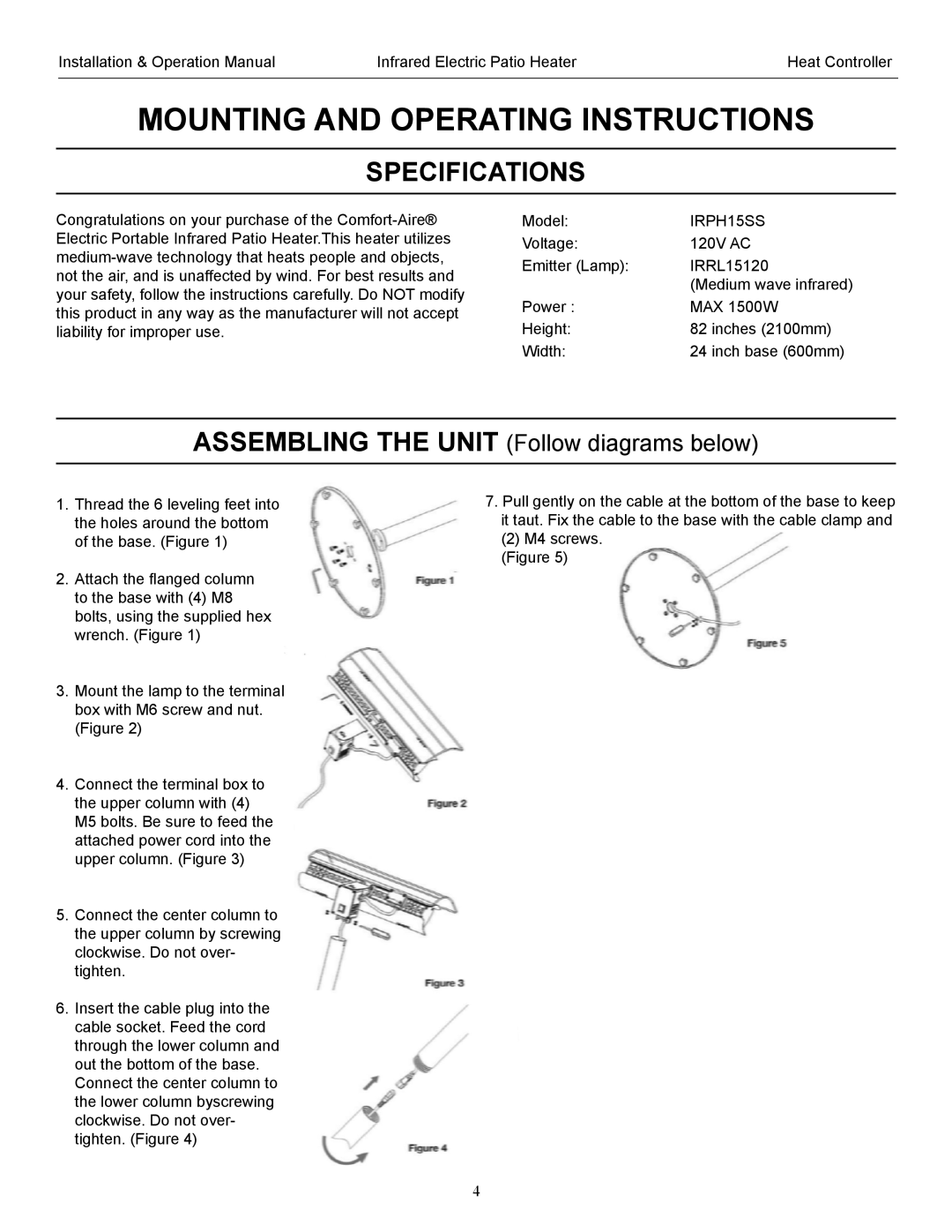 Heat Controller IRPH15SS operation manual Mounting and Operating Instructions, Specifications 