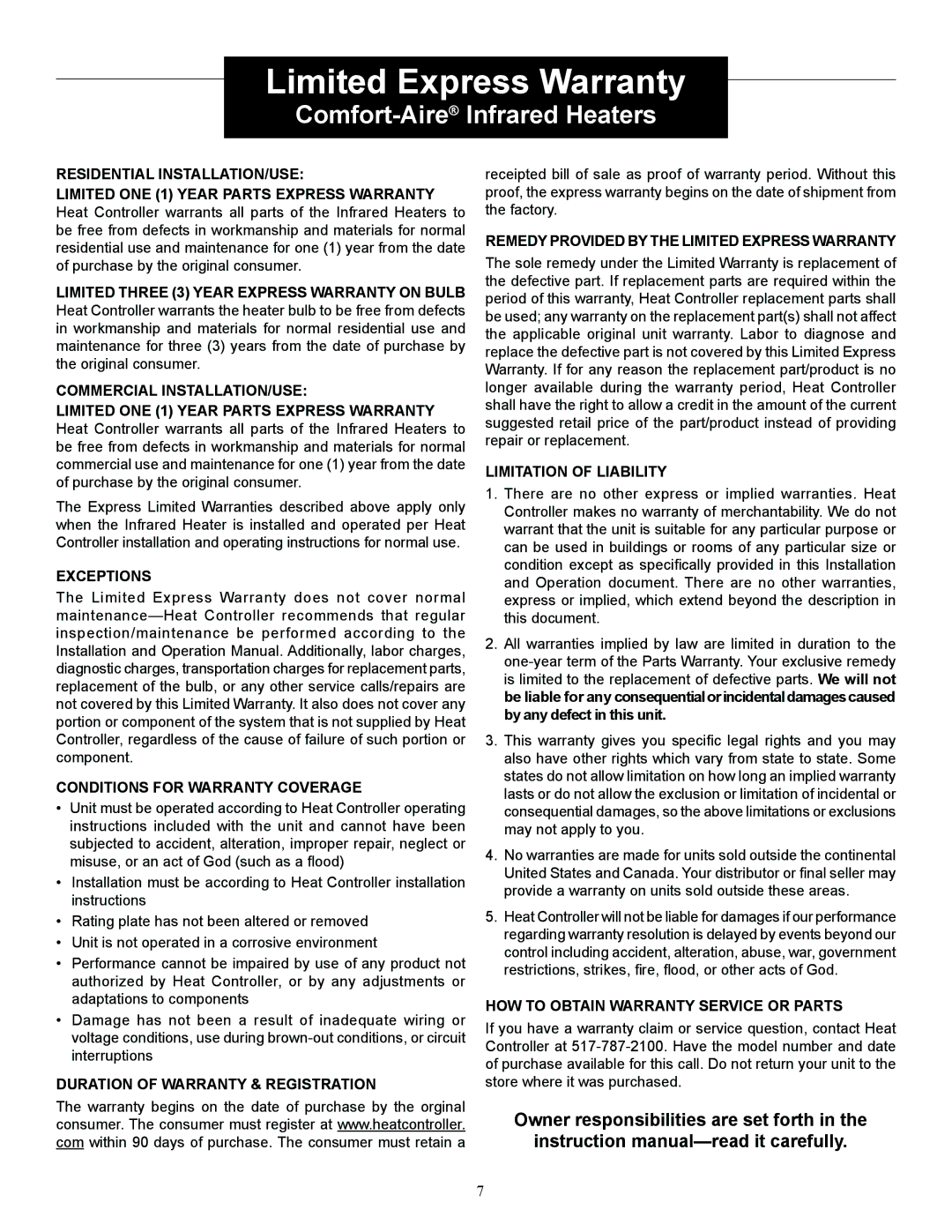 Heat Controller IRPH15SS operation manual Limited Express Warranty 