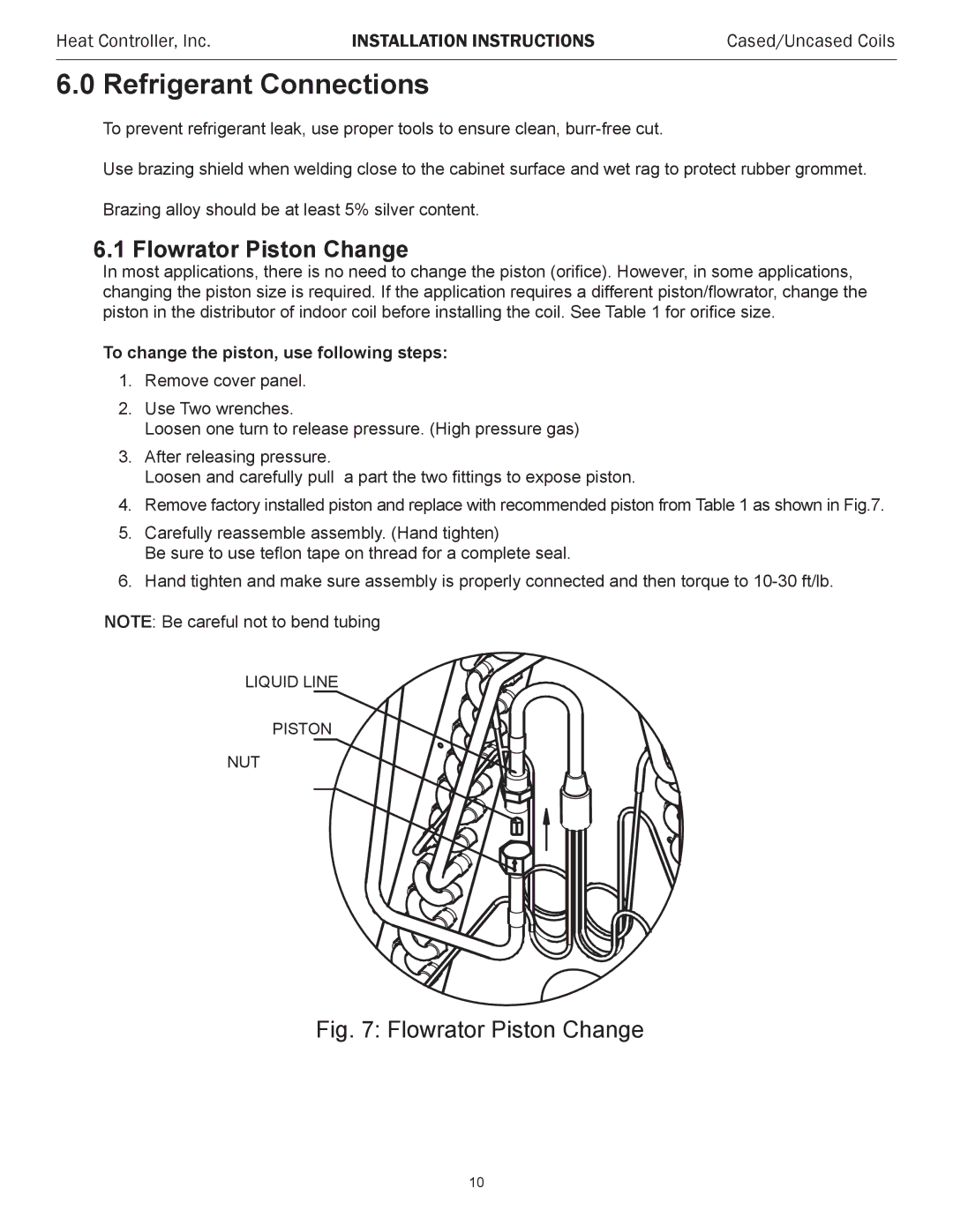 Heat Controller CDG SERIES, MDG SERIES installation instructions Refrigerant Connections, Flowrator Piston Change 