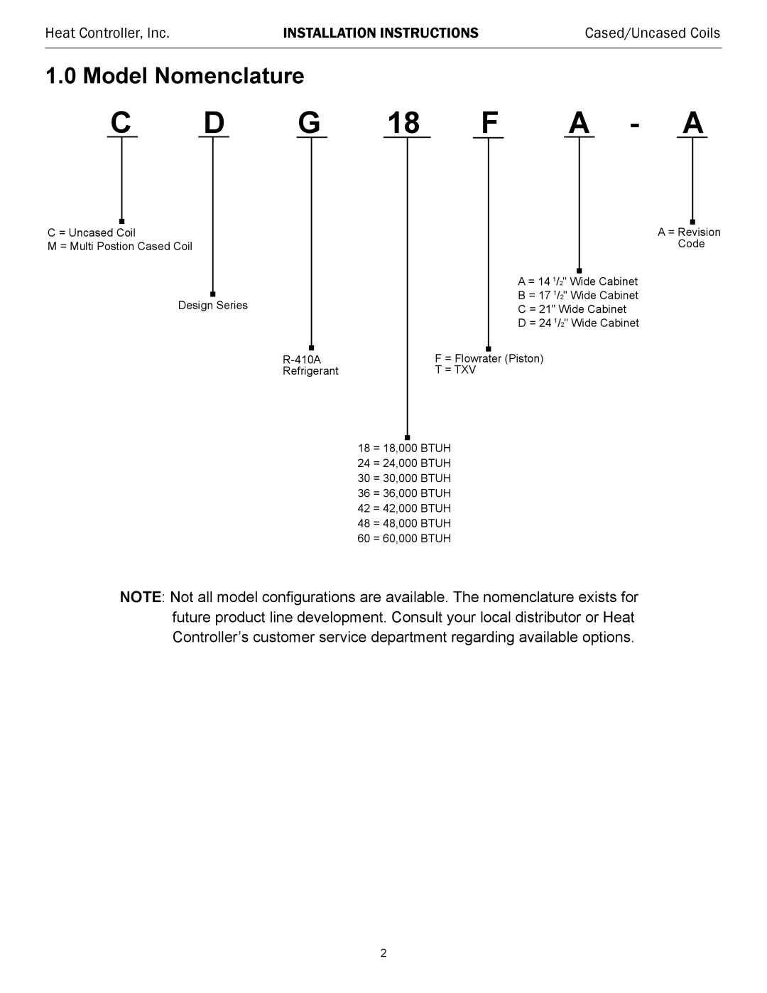 Heat Controller CDG SERIES, MDG SERIES installation instructions Model Nomenclature, = Txv 