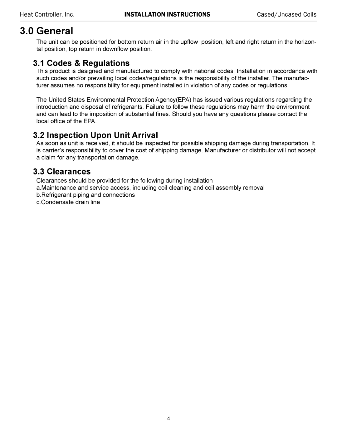 Heat Controller CDG SERIES, MDG SERIES General, Codes & Regulations, Inspection Upon Unit Arrival, Clearances 