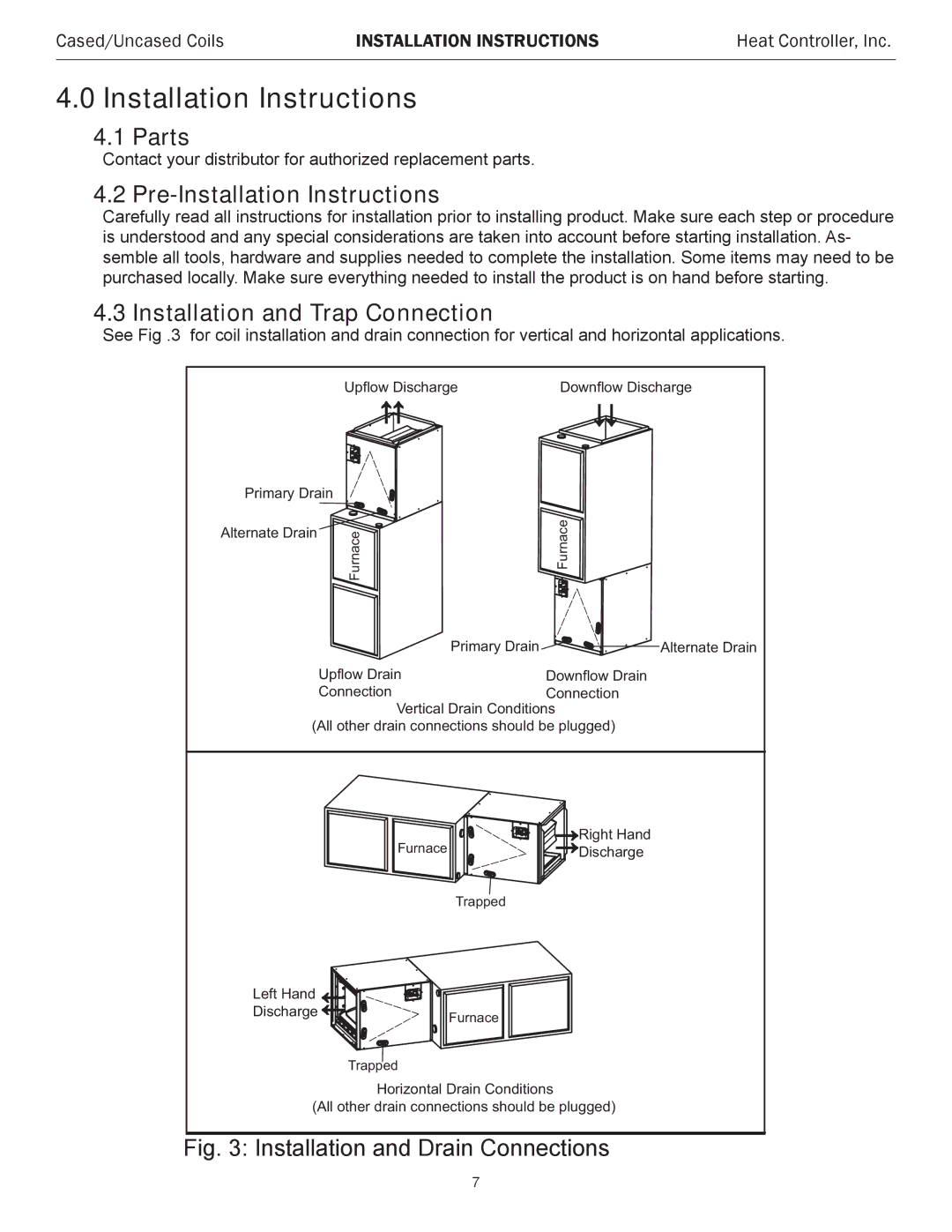 Heat Controller MDG SERIES, CDG SERIES Parts, Pre-Installation Instructions, Installation and Trap Connection 