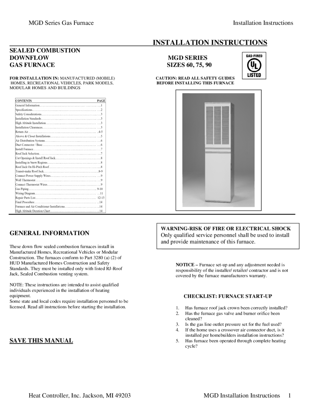 Heat Controller MGD90-E3A installation instructions Sealed Combustion Downflow MGD Series GAS Furnace, General Information 