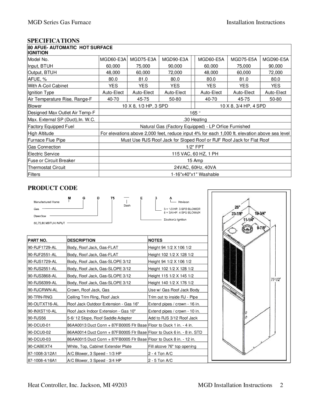 Heat Controller MGD75-E5A, MGD90-E5A, MGD90-E3A, MGD60-E5A, MGD60-E3A, MGD75-E3A Specifications, Product Code 